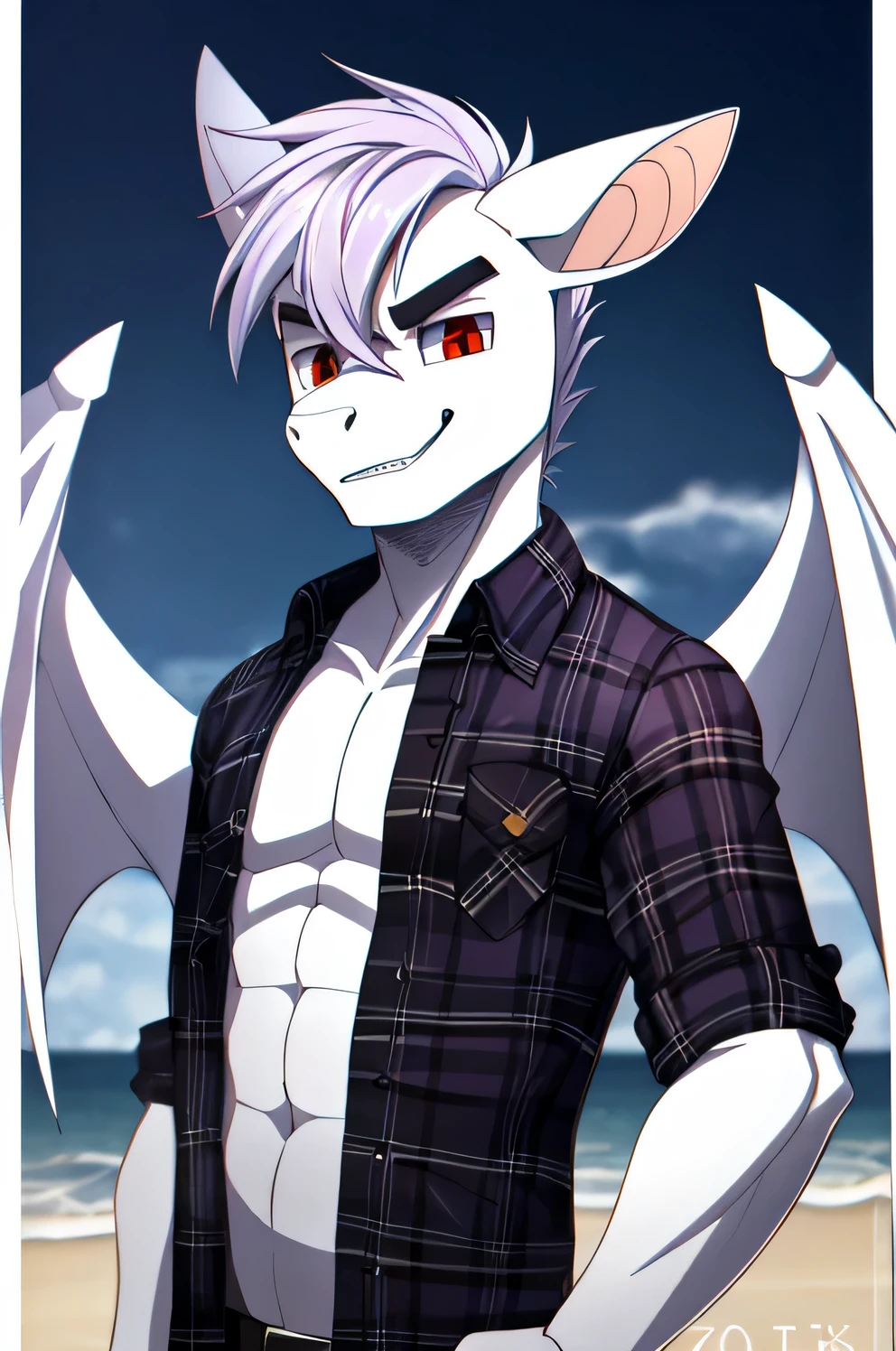 (best quality), (masterpiece), (professional photo:1.1), (8k, high resolution), (single:1.2), (male), middle aged, 35 years old, ((Anthro white bat pony)), ((stripped purple and white colored hair)), (red eyes), (slitted pupils:1.2), (White wings), (highly detailed eyes:1.2), Cool looking, (((Black open flannel shirt:1.2))), close mouth, smirk, beach background, full body photo, medium cut hair