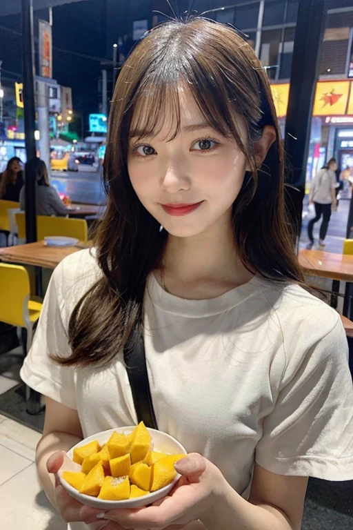 Please draw the scene this girl are eating Mango shaved  in