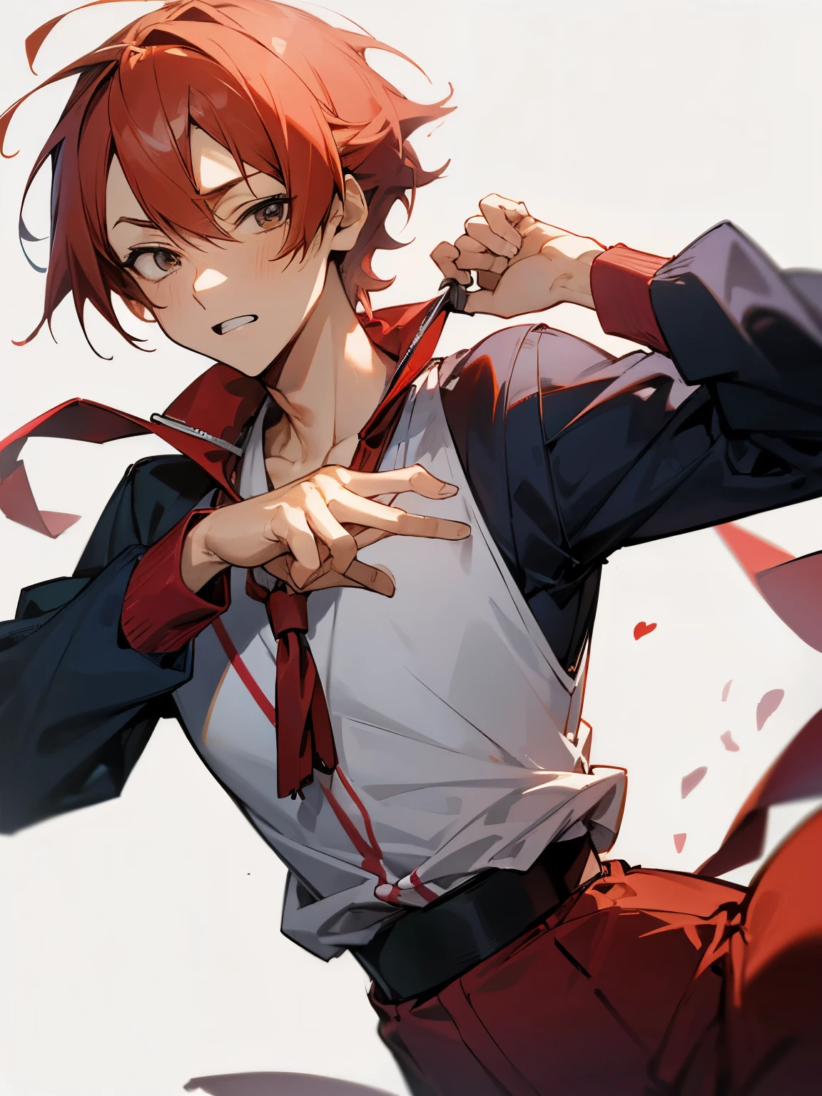 (Best Quality)), ((masutepiece)), Perfect face,1man,20代の男性,twinks,from waist up,cool,Red-haired,dynamic ungle,smart,Adults