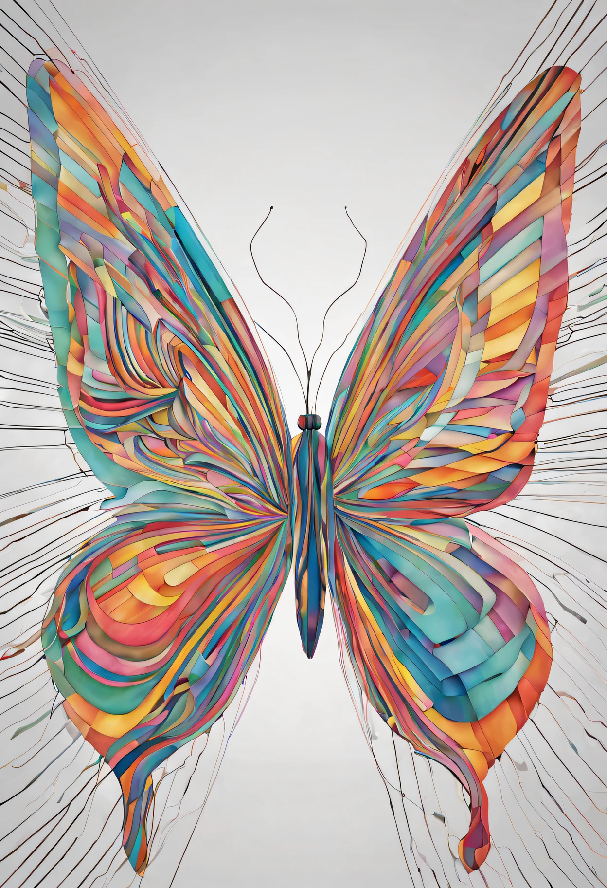 (ColorLineArt), (Color line), (color line drawing art), (thin colored lines), (stylized image of a butterfly made with thin colored lines), Abstract art, hidden meaning, Hidden image, Among the thin colored lines, guess the hidden image of a butterfly, play of colors and lines, interweaving of thin lines creates a butterfly effect