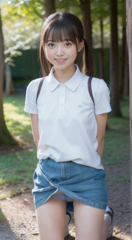 Kawaii Girl,japanes,years,Full Body Display、masterpiece、8K、Wearing a neat and light miniskirt dress、low angles,With the best image quality、beautiful a girl, cute little,, hight resolution, ultra-detailliert, finely detail, ighly detailed, ighly detailedな目と顔, Sharp pupils,Teenage girl standing at campsite。超hight resolutionで,Cute smile, Cinematic lighting,tranquil atmosphere、美しいfinely detail,ighly detailedな目と顔、Ultra-wide-angle shooting、Kneeling on one leg,el