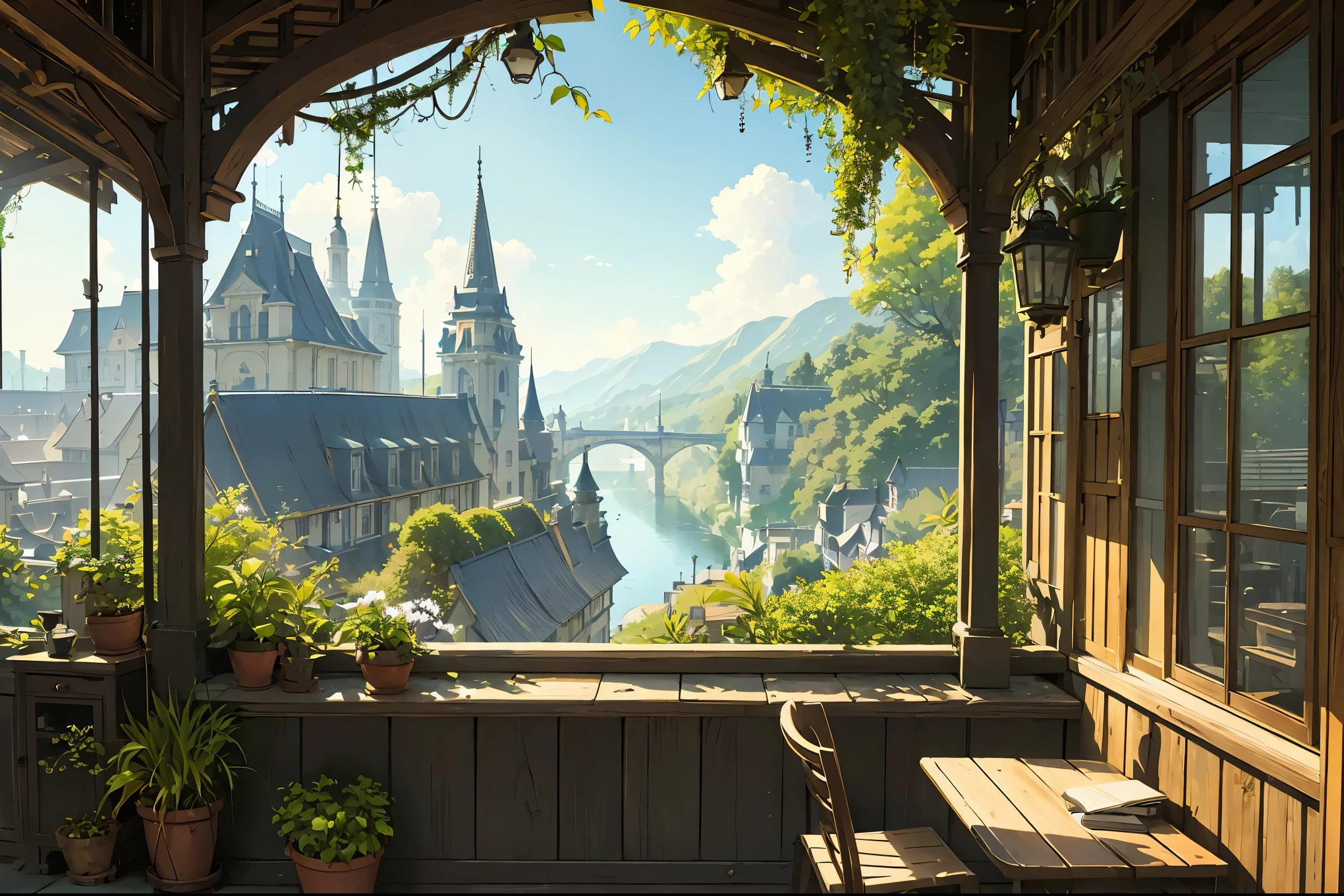 (micro-landscape:1.5),(best quality), ((masterpiece)), (highres), illustration, original, extremely detailed wallpaper, no humans, window, scenery, plant, water, potted plant, outdoors, building, door, house, flower pot, day, lily pad, chair, flower, table, stairs, watermark, hat, tree, sunlight, pond, grass, indoors, reflection, lamp, balcony, black headwear, bush, sky, railing, desk, open window, shelf, leaf, book, web address, copyright name, ladder, architecture, shadow, solo, dated, vines, vase, city, cafe, lantern, bucket, ruins, bench, shop, signature, moss, boat, barrel, river,