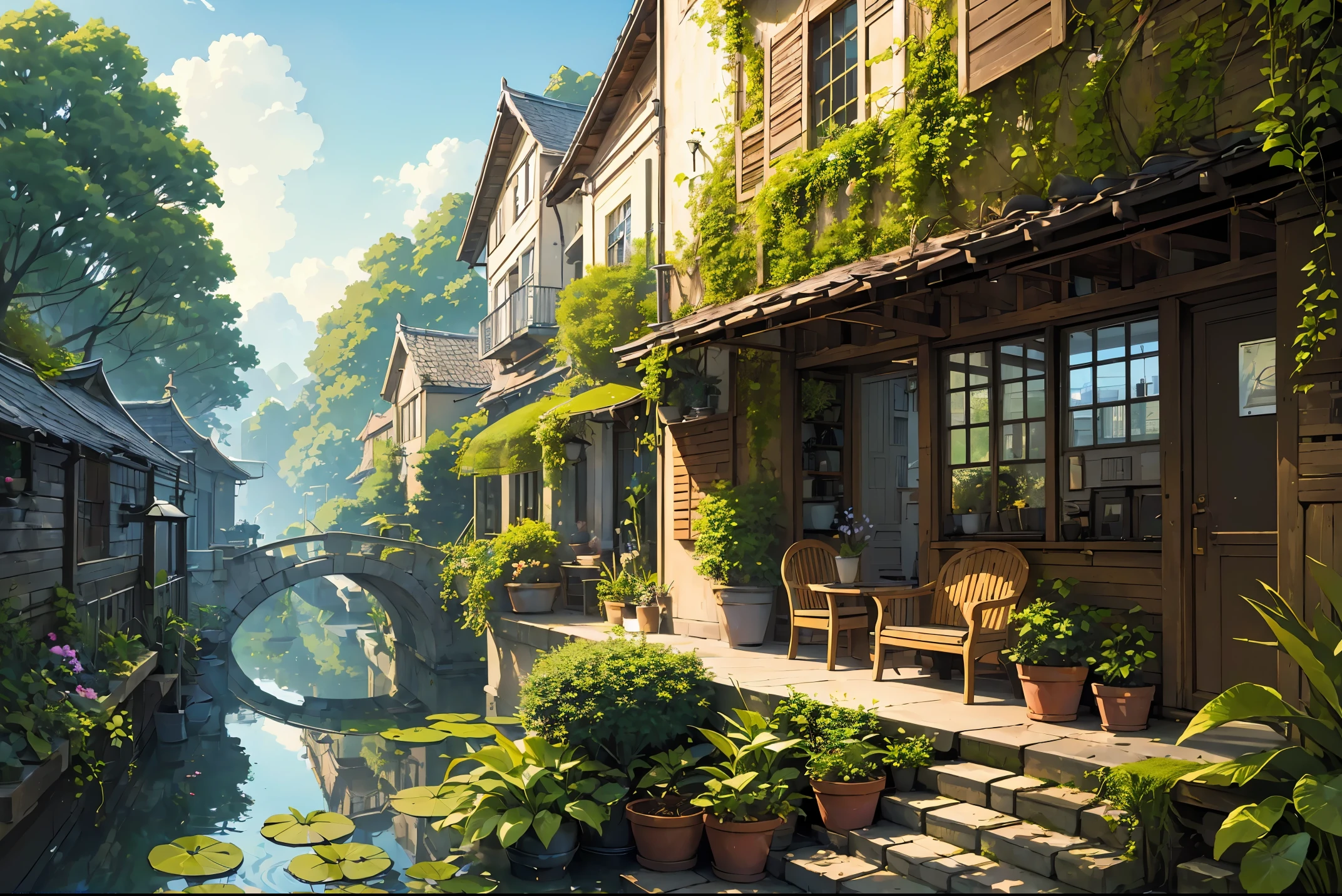(micro-landscape:1.5),(best quality), ((masterpiece)), (highres), illustration, original, extremely detailed wallpaper, no humans, window, scenery, plant, water, potted plant, outdoors, building, door, house, flower pot, day, lily pad, chair, flower, table, stairs, watermark, hat, tree, sunlight, pond, grass, indoors, reflection, lamp, balcony, black headwear, bush, sky, railing, desk, open window, shelf, leaf, book, web address, copyright name, ladder, architecture, shadow, solo, dated, vines, vase, city, cafe, lantern, bucket, ruins, bench, shop, signature, moss, boat, barrel, river,