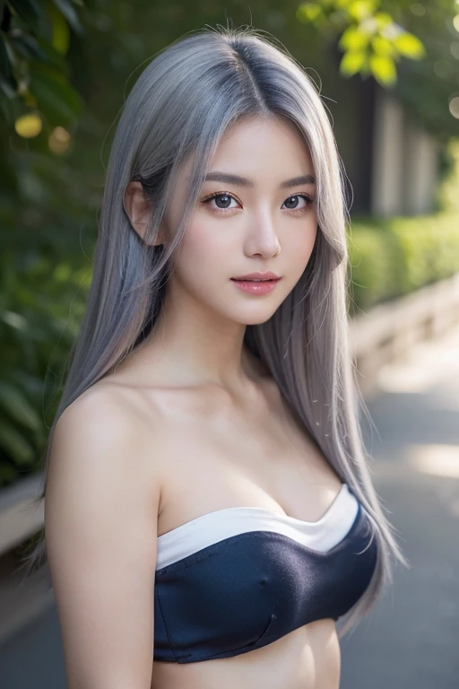 Ultra-realistic capture, Highly detailed, High resolution 16k close-up of human skin. Skin texture must be natural, With such detail that pores can be finely identified. Skin should look healthy, In a uniform tone. Use natural light and color,sunny outdoors,(Best Quality,in 8K,hight resolution,masutepiece:1.2),Ultra-detailed,extremely detailed eye and face,Beautiful detailed eyes,Beautiful detailed lips,long eyelashes,((Realistic)),Photorealistic:1.37,japanes,fine-grained white skin,beautiful and magnificent composition,Marshmallow-like skin,masutepiece,Attractive,Posing for a photo,Cute,Dark blue high socks,((Silver hair color)),silky smooth and straight hair,Outdoor on a sunny day,Healthy smile,(with round face),Hands on hips,Full-body standing figure,Thin thighs,Sharp Focus,Beautiful chest line, ,(Clothes that show the belly button),(Dark blue high socks),(I'm wearing sandals),((white strapless tube top 1.5)),(Mini pleated skirt in dark blue),