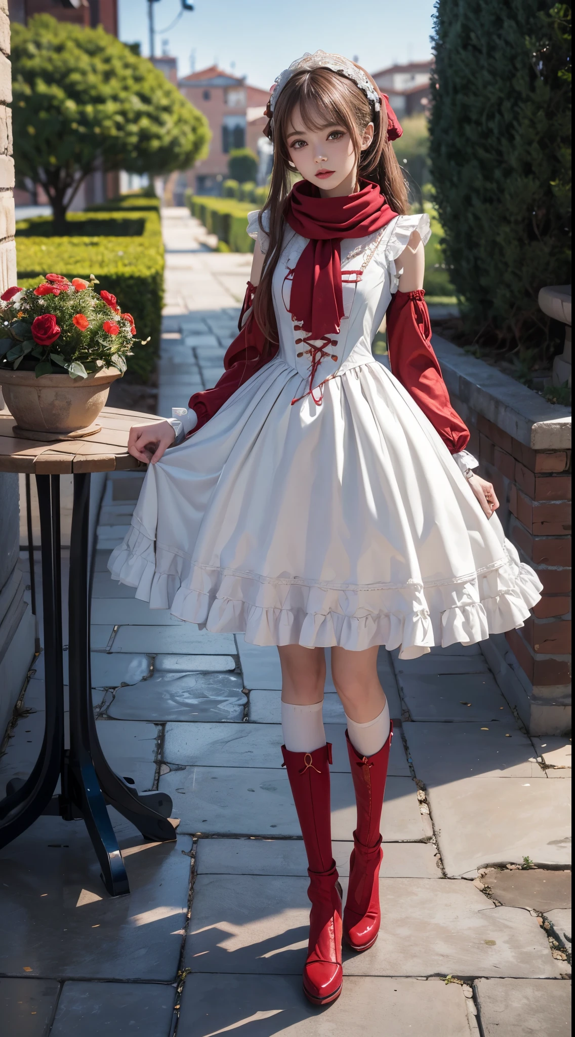 (to the Firmware), 1 woman, 20yr old, 7headed body, (Clear Face), (Ideal body proportions modern old city landscape, ((ta costume)), (((Red muFFler))), Wet with, white skinned, slenderness, brunette color hair, long whitr hair, beautiFullegs, small, lean legs, hyper realisitc, 电影灯光, depth oF Fields, A person's point of view, F/1.8, 135mm, north african free trade area, On the table, acurate, Anatomically correct, ctextured skin, super detailing, high detal, high qulity, Award-winning, Best quality at best, A high resolution, 8K