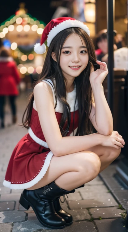 a closeup, ​masterpiece, top-quality, Raw foto, Photorealsitic, beautiful a girl, cute little, longwavy hair, depth of fields, hight resolution, ultra-detailliert, finely detail, ighly detailed,Santa Claus Costume、a miniskirt、long boots、illuminations、Christmas Market、Smiling smile