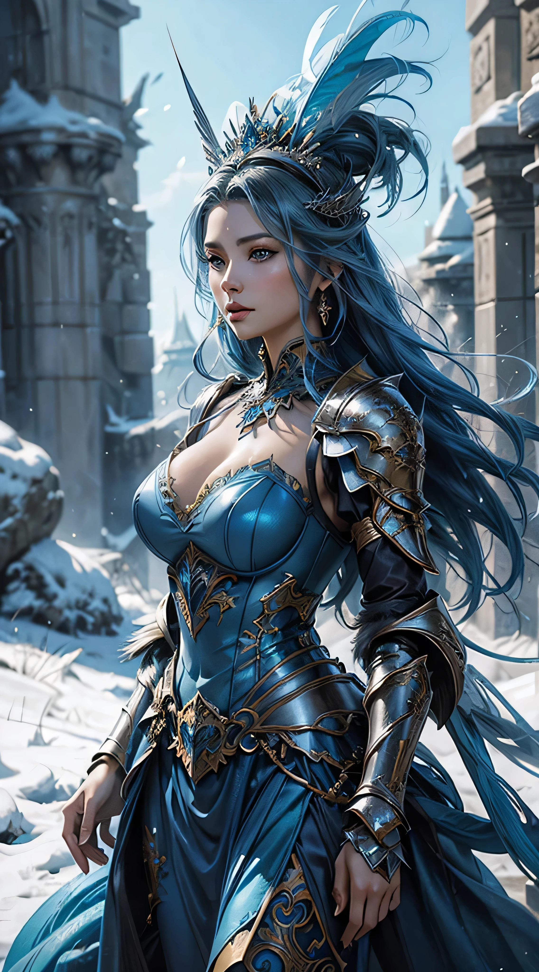 Close up of woman in silver and blue dress, Pan Chengwei on artstation, author：Yang J, Detailed fantasy art, Stunning character art, Fan Art Best Artstation, Epic and beautiful character art, Beautiful armor, Extremely detailed Artgerm, Detailed digital anime art, artstation pixiv download artgerm, Armor Girl