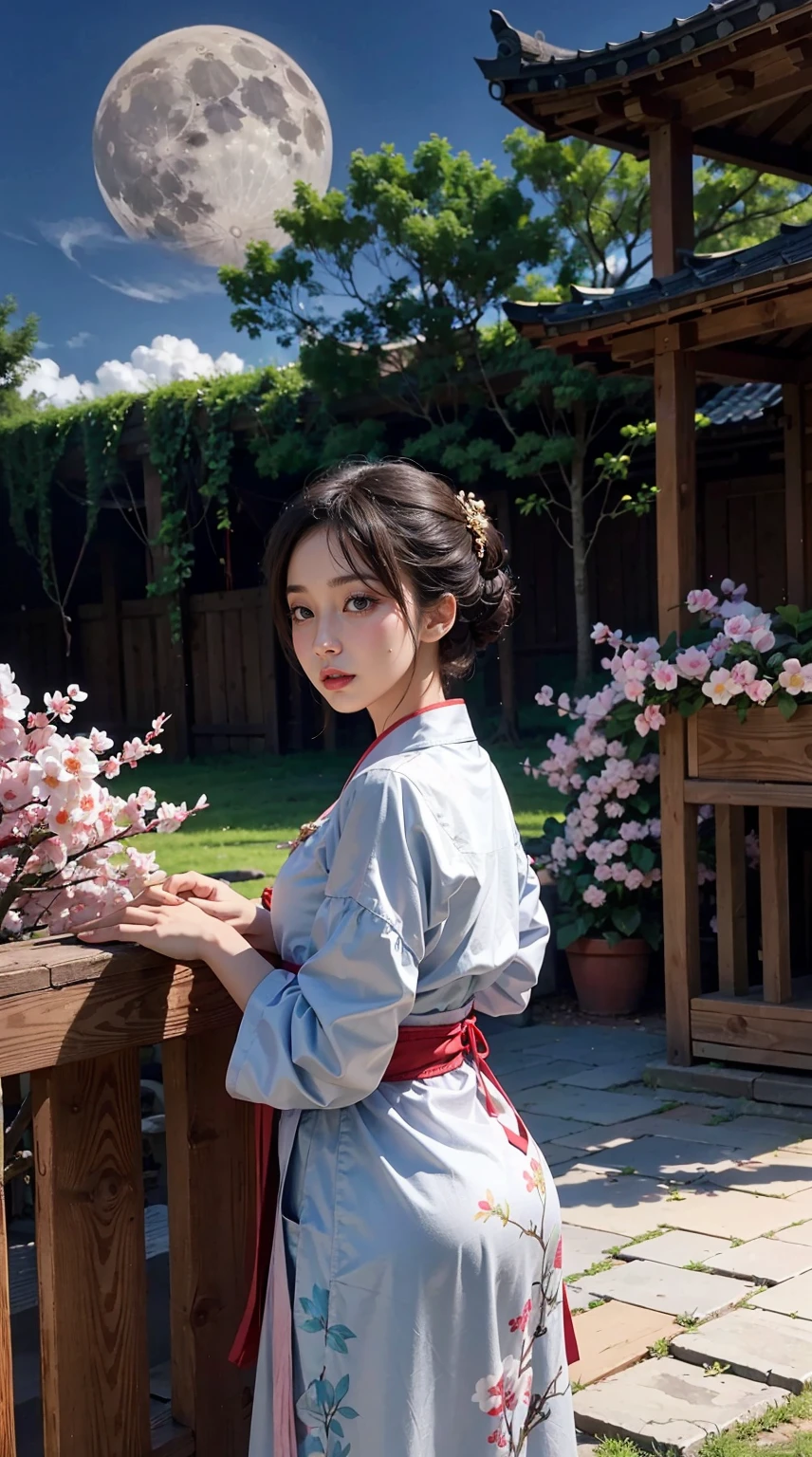 Best Quality, high_Resolution, Distinct_images, detailed background ,자지the moon린여자, hanbok,blossom,a garden,the moon, natta,dutch angle, wide  shot, crown,