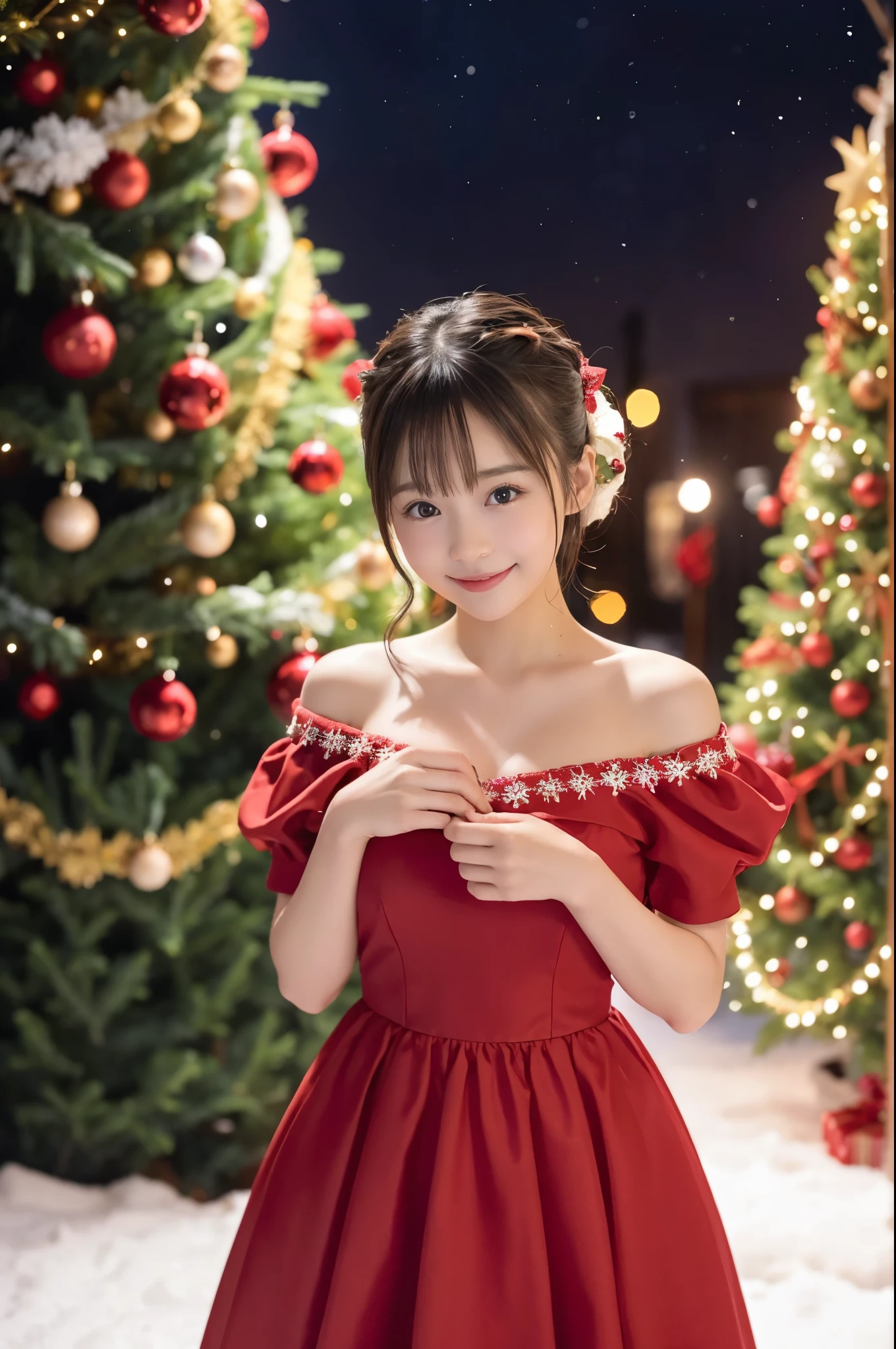 (girl in a beautiful red dress, Standing in front of a beautifully decorated Christmas tree),Illustration,Christmas,Fun atmosphere,Twinkling lights,soft snowflakes fall,Best Quality,4K,Ultra-detailed,Vibrant colors,pine scent,Cozy,romantic,Cheerful,breathtaking scenery,Warmth,Happiness,Magical,Holiday spirit,Winter wonderland,pure love and kindness.、off shoulders、I keep my hair up and short、a 、a navel