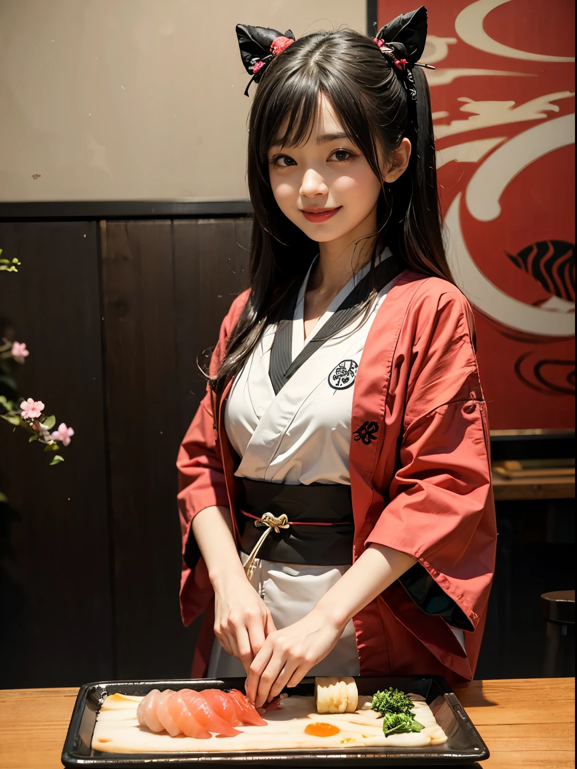 femele、a smile、ren、kawaii、Images of handling sushi ingredients。Japanese flag and Japanese style background