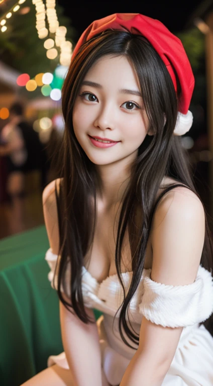 a closeup, masterpiece, top-quality, Raw foto, Photorealsitic, beautiful a girl, cute little, longwavy hair, depth of fields, hight resolution, ultra-detailliert, finely detail, ighly detailed,Santa Claus Costume、a miniskirt、long boots、illuminations、Christmas Market、Smiling smile