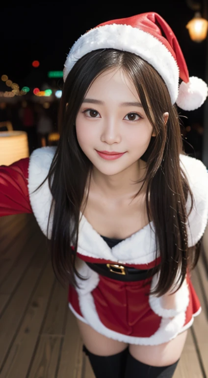 a closeup, ​masterpiece, top-quality, Raw foto, Photorealsitic, beautiful a girl, cute little, longwavy hair, depth of fields, hight resolution, ultra-detailliert, finely detail, ighly detailed,Santa Claus Costume、a miniskirt、long boots、illuminations、Christmas Market、Smiling smile