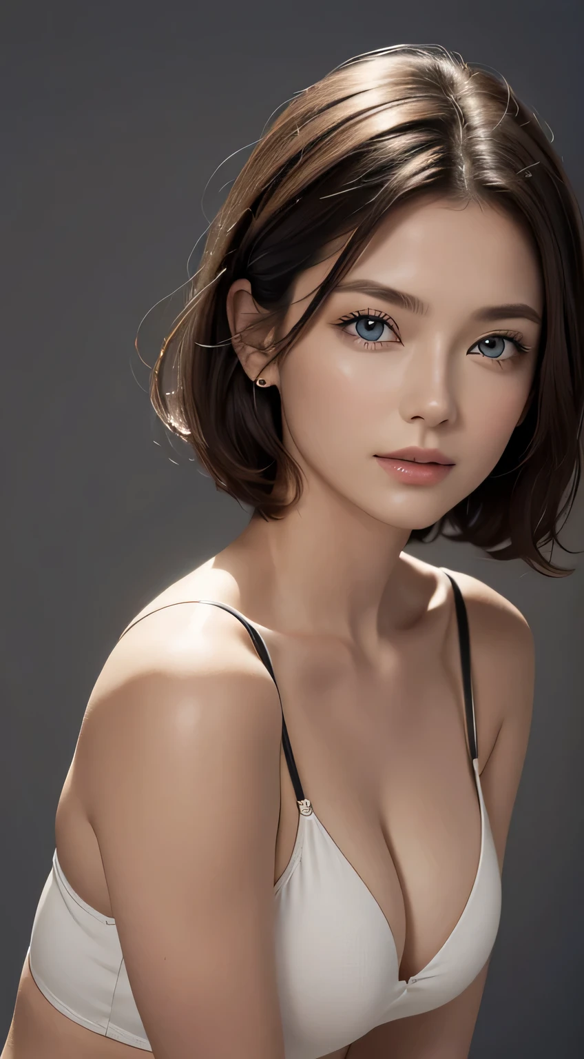 Skin Tight Top:1.2, Looking at Viewer, Cinematic lighting, Perfect, softlight, High resolution skin:1.2, Realistic skin texture, 30 years old mature woman、a small face、no-makeup、, off shoulders,Bust B Cup、Small breasts、 Exposed cleavage, Blue eyes, Short hair, dark brown hair、fullnude、Gray background、