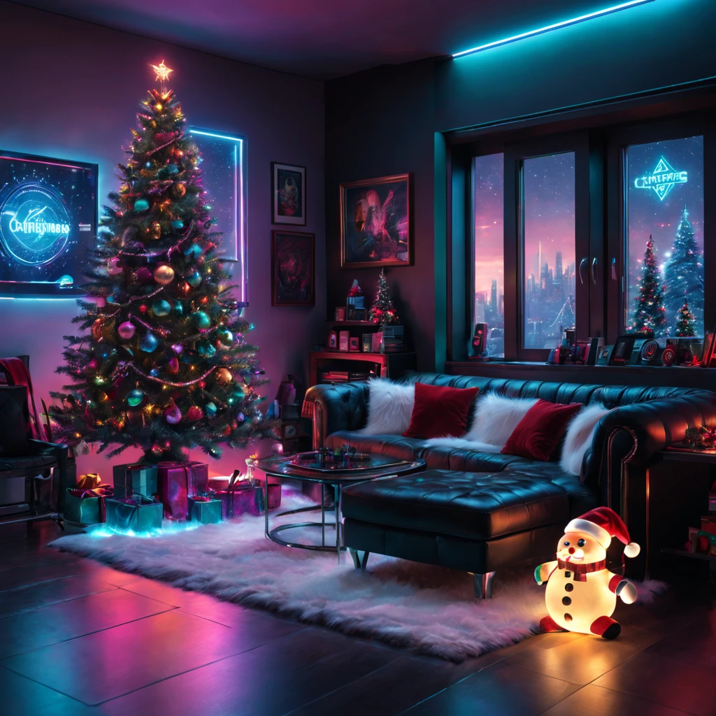 (best quality,4k,8k,highres,masterpiece:1.2),ultra-detailed,(realistic,photorealistic,photo-realistic:1.37),cyberpunk,Christmas-themed,living room,neon lights,punk elements,futuristic furniture,festive decorations,punk Christmas tree,ornaments,glowing,cybernetic implants,sleek,metallic surfaces,glass panels,reflective surfaces,punk-style fireplace,artificial snow,shimmering,punk fashion,cybernetic Santa Claus,high-tech gadgets,sparkling lights,tech-inspired Christmas stockings,vivid colors,enhanced reality projection,musical holograms