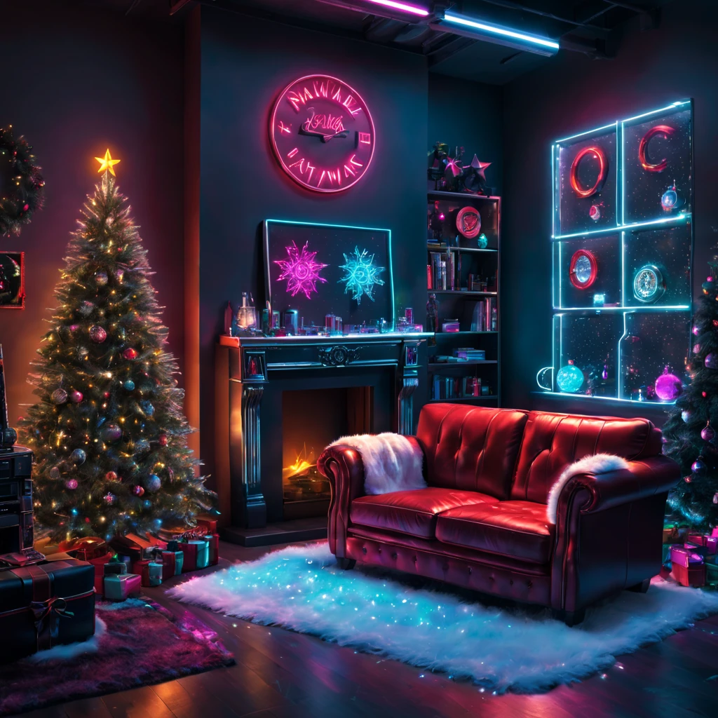 (best quality,4k,8k,highres,masterpiece:1.2),ultra-detailed,(realistic,photorealistic,photo-realistic:1.37),cyberpunk,Christmas-themed,living room,neon lights,punk elements,futuristic furniture,festive decorations,punk Christmas tree,ornaments,glowing,cybernetic implants,sleek,metallic surfaces,glass panels,reflective surfaces,punk-style fireplace,artificial snow,shimmering,punk fashion,cybernetic Santa Claus,high-tech gadgets,sparkling lights,tech-inspired Christmas stockings,vivid colors,enhanced reality projection,musical holograms