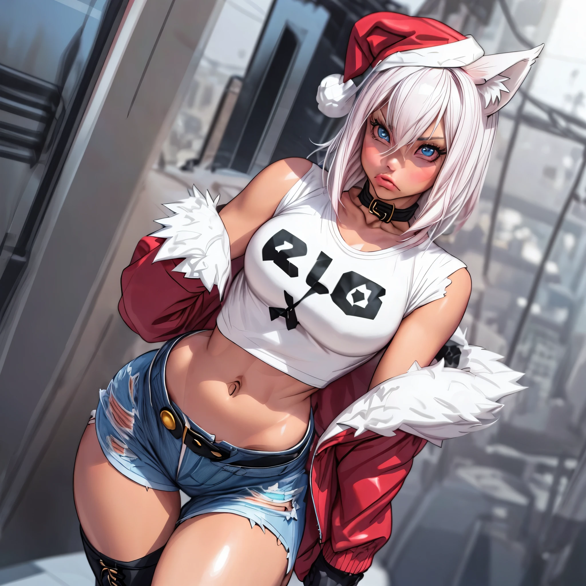 Single boy, Anime female, Short, Long white hair, wolf ears, wolf tail, blue eyes, wearing short denim shorts, thigh high fishnets, black combat boots, wearing fur lined open pink jacket, flat chest, super flat chest, wearing cropped t-shirt, solo thicc thighs, wide hips, blue eyes, perfect eyes, perfect face, (((wearing santa hat)))