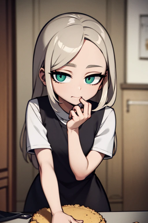 A gray haired girl with green eyes is eating a cookie in the kitchen in gothic pajamas