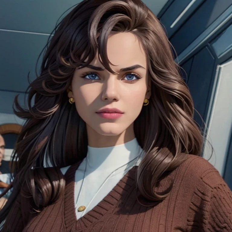 Generate a detailed illustration of a character with the following attributes: The character should have medium-length, dark brown, wavy hair with a side-swept fringe. They are wearing a Marsala-colored sweater, and their eyes are a deep shade of dark brown. Add a distinctive touch with an earring shaped like a treble clef. Ensure that the character's appearance aligns with these specifications, and feel free to infuse additional creative details to enhance the overall visual representation. The goal is to bring to life a character that embodies the described features in a visually compelling manner