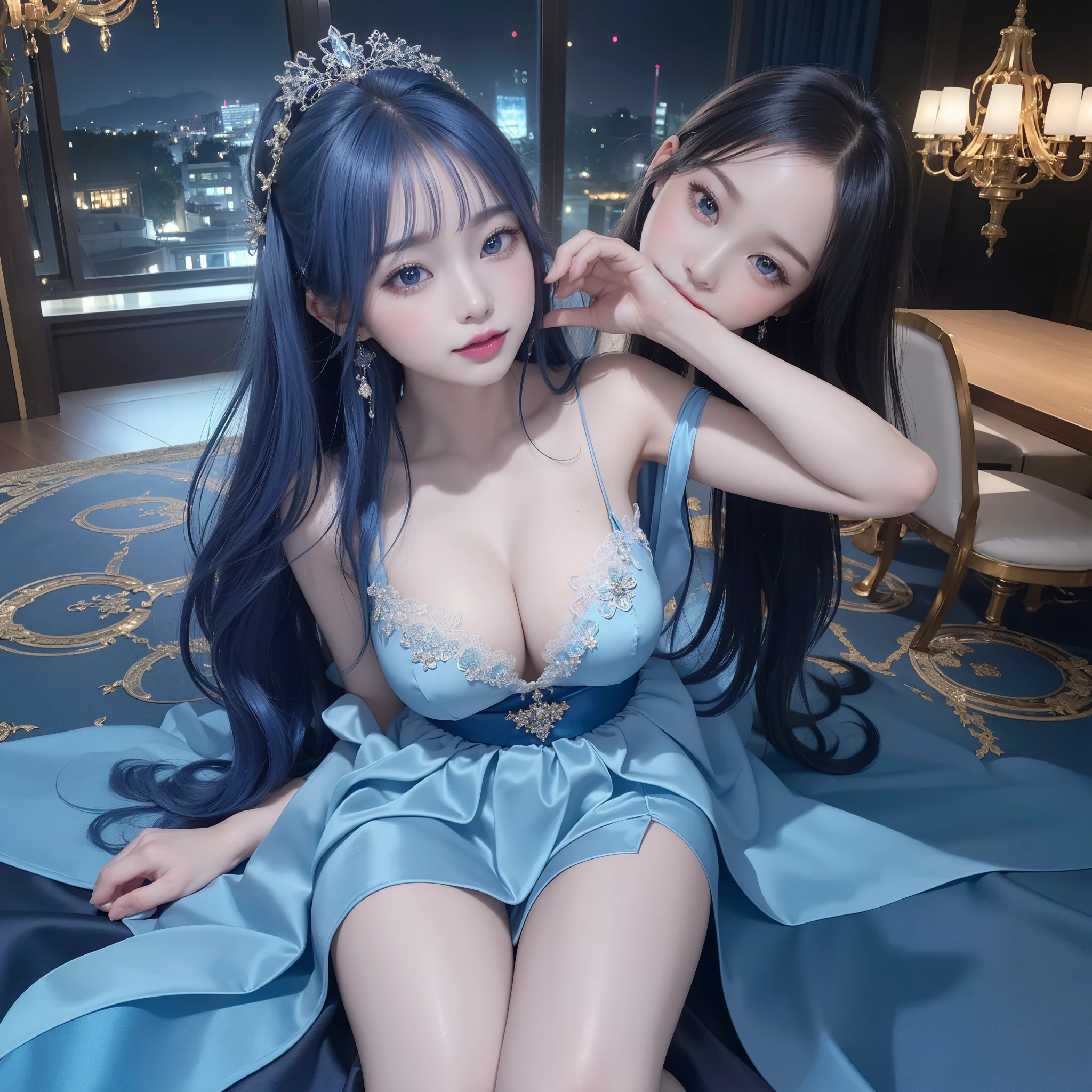 On the table,Surreal,32K,Extremely detailed CG unity 8k wallpaper, Best quality at best,Gorgeous Japanese woman,(Shiny light blue satin gorgeous gown),(Long colorful hair),Gothic makeup,with her mouth open,(Touch your own skirt),dining room,(in a panoramic view),,ssmile,facing to audience,Glossy glossy skin,Beautiful blue pupils