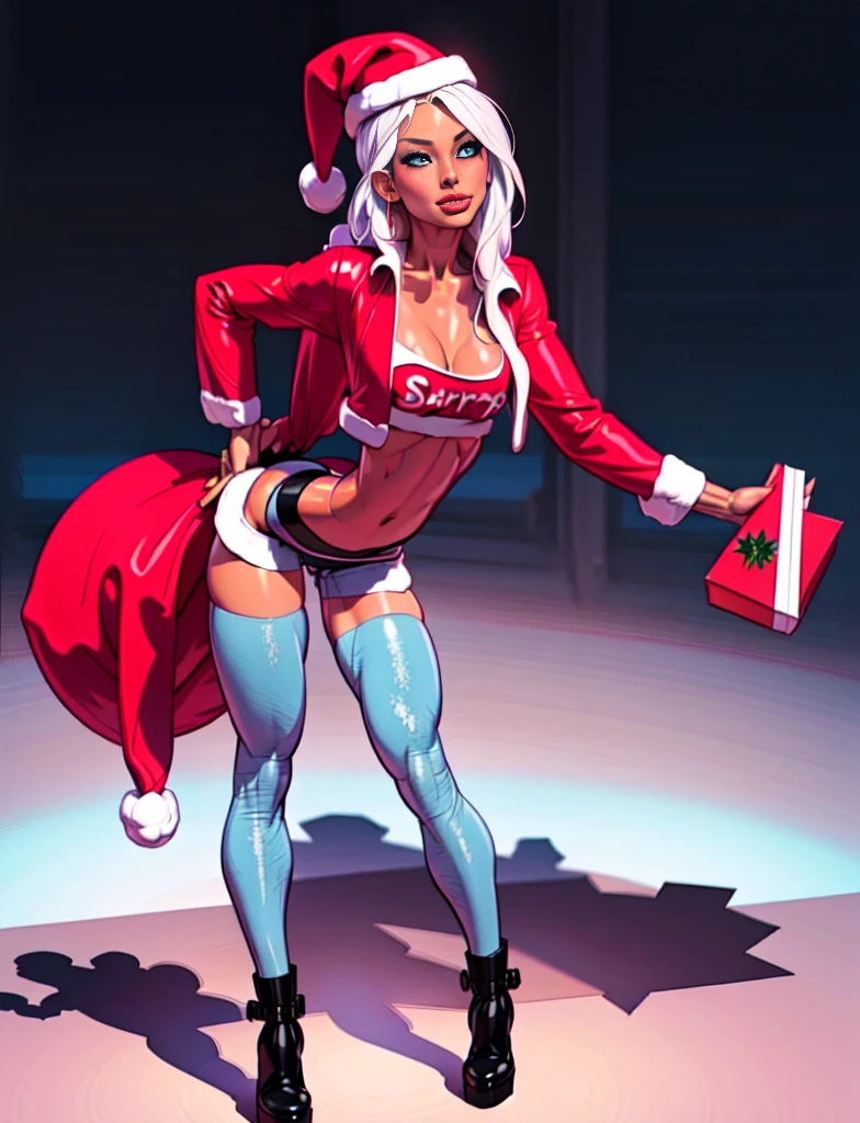 Single Anime female, Short, Long white hair, wolf ears, wolf tail, blue eyes, wearing short denim shorts, thigh high fishnets, black combat boots, wearing fur lined open pink jacket, flat chest, super flat chest, wearing cropped t-shirt, solo thicc thighs, wide hips, blue eyes, perfect eyes, perfect face, (((wearing santa hat)))