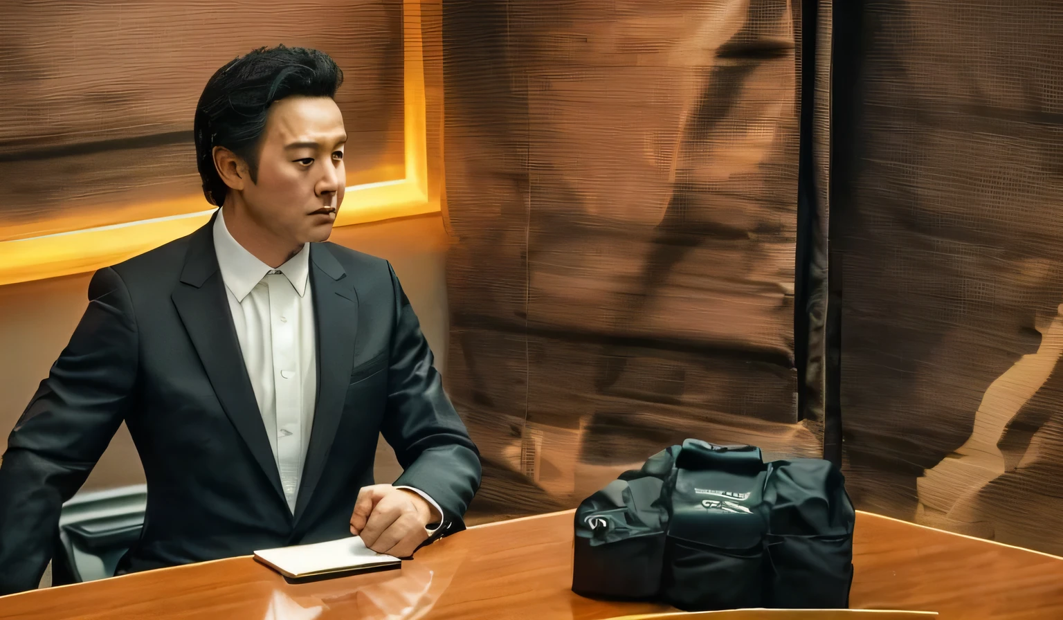 Fed man in suit sitting at desk in office, Wearing a smart business suit, Scenes from live-action movies, Who is Shi Yu??, Sit at his desk, Still from a live action movie, Handsome men, Movie promotional photos, promotional movie still, Still a very realistic movie, Movie Promotional Image, desktop background, 4k movie stills, 4k movie stills