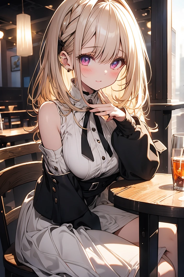 masterpiece, absurdres, best quality, ultra detailed, high Resolution, detailed illustration, extremely beautiful detailed face and eyes, bright colour, 1girl, (loli), cute face, Delicate beautiful face, magenta eyes, cute eyes, sparkling eyes, big eyes, medium breasts, (perky breasts:1.1), (pointy breasts:1.1), medium hips, glamorous body, white skin, smile, BREAK, long bob cut, (blonde hair:0.8), messy hair, detailed hair, shiny hair, BREAK off shoulder sweater, long skirt, tiny ribbon, restaurant, eating pancake, real world, natural lights, perfect lighting,