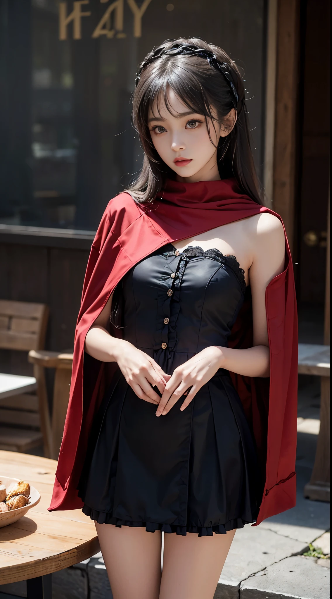 (to the firmware), 1人の女性, 20yr old, 7headed body, (Clear face), (Ideal body proportions modern old town landscape, ((Lolita costume)), (((Red muffler))),Raw edge red cloak, Wet, white skinned, slenderness, black hair color hair, Long gray hair, pretty legs, small, lean legs, hyper realisitc, 电影灯光, depth of fields, A person's point of view, F/1.8, 135mm, north african free trade area, On a table, Acura, Anatomically correct, ctextured skin, super detailing, high detal, high high quality, Award-winning, Best quality, A high resolution, 8K