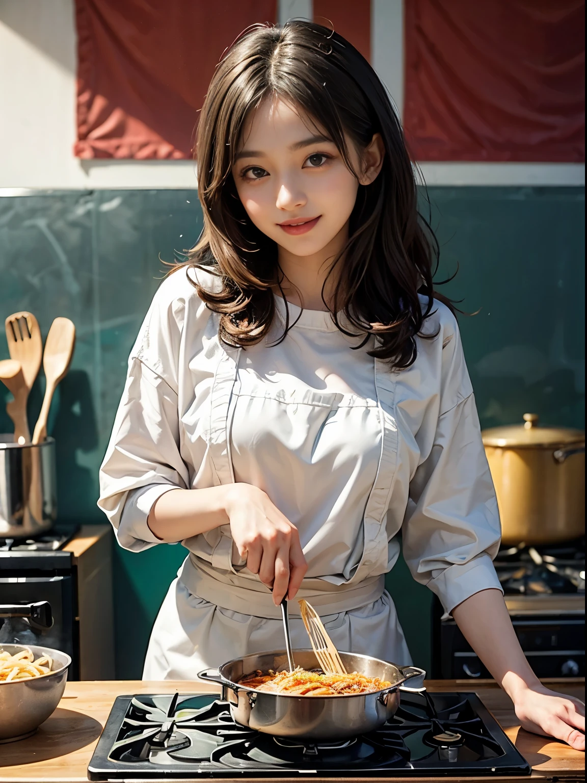 femele、a smile、ren、kawaii、stand in front of the pasta ingredients、Image of how to start cooking。Italian flag or italian style background