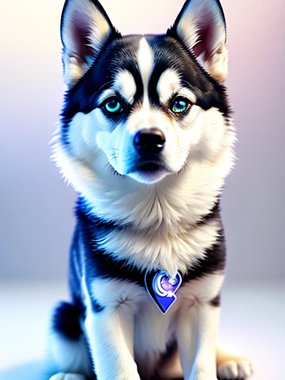 cute tiny hyperrealistic husky dog with different color eyes waring a necklace, Chibi, adorable and fluffy, logo design, cartoon, cinematic lighting effect, charming, 3D vector art, cute and quirky, fantasy art, bokeh, hand-drawn, digital painting, soft lighting, isometric style, 4K resolution, photorealistic rendering, highly detailed clean, vector image, photorealistic masterpiece, professional photography, space backdrop, flat white background, isometric, vibrant vector