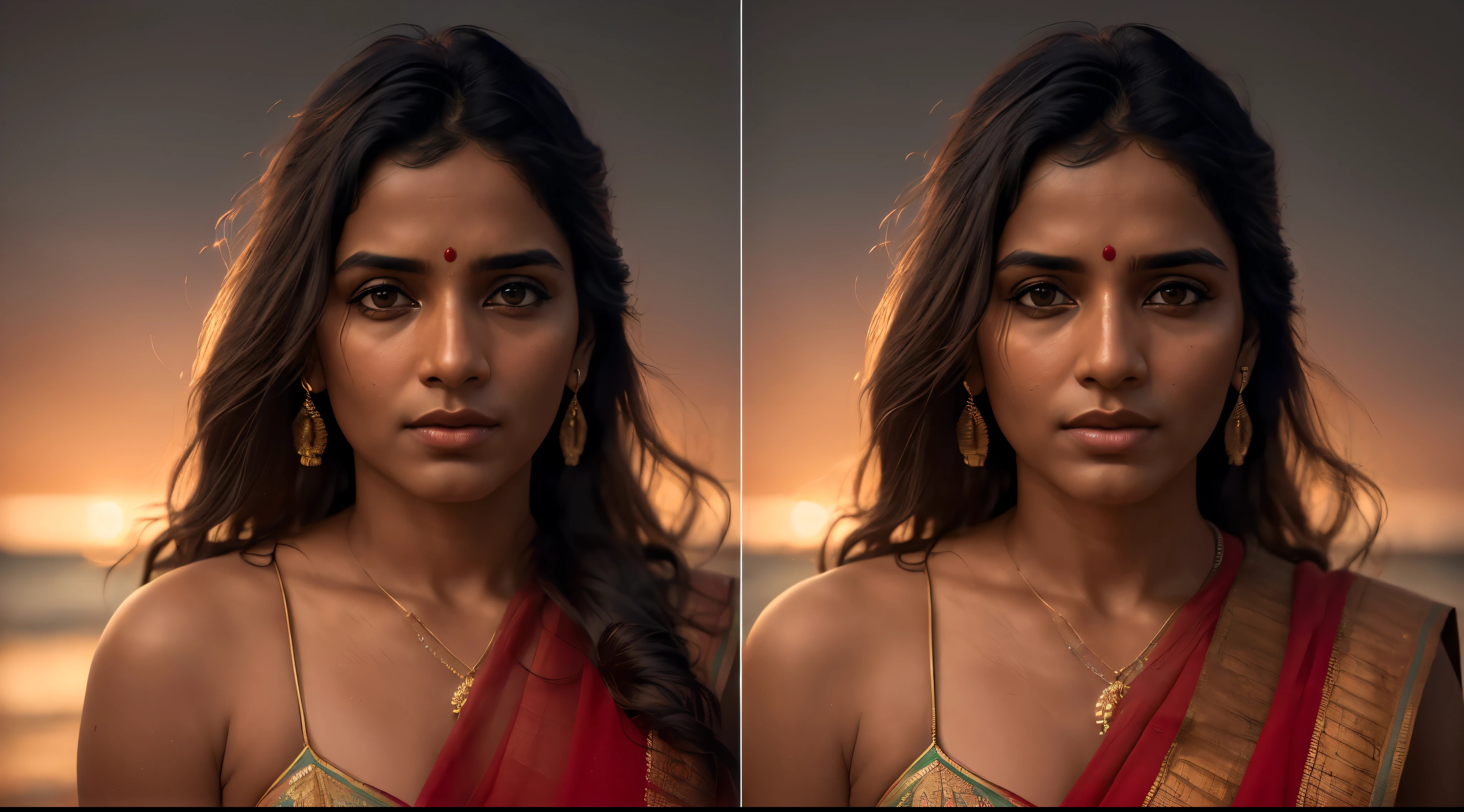 beautiful mature Indian college girl, in red saree, outside on beach, ((good looking, cultured), photorealistic, photo, masterpiece, realistic, realism, photorealism, high contrast, photorealistic digital art trending on Artstation 8k HD high definition detailed realistic, detailed, skin texture, hyper detailed, realistic skin texture, armature, best quality, ultra high res, (photorealistic:1.4),, high resolution, detailed, raw photo, sharp re, by lee jeffries nikon d850 film stock photograph 4 kodak portra 400 camera f1.6 lens rich colors hyper realistic lifelike texture dramatic lighting unrealengine trending on artstation cinestill 800,