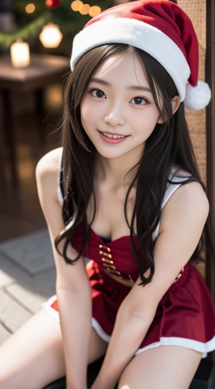 a closeup, ​masterpiece, top-quality, Raw foto, Photorealsitic, beautiful a girl, cute little, longwavy hair, depth of fields, hight resolution, ultra-detailliert, finely detail, ighly detailed,Santa Claus Costume、a miniskirt、long boots、illuminations、Christmas Market、Smiling smile