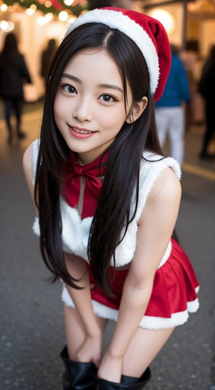 a closeup, masterpiece, top-quality, Raw foto, Photorealsitic, beautiful a girl, cute little, longwavy hair, depth of fields, hight resolution, ultra-detailliert, finely detail, ighly detailed,Santa Claus Costume、a miniskirt、long boots、illuminations、Christmas Market、Smiling smile