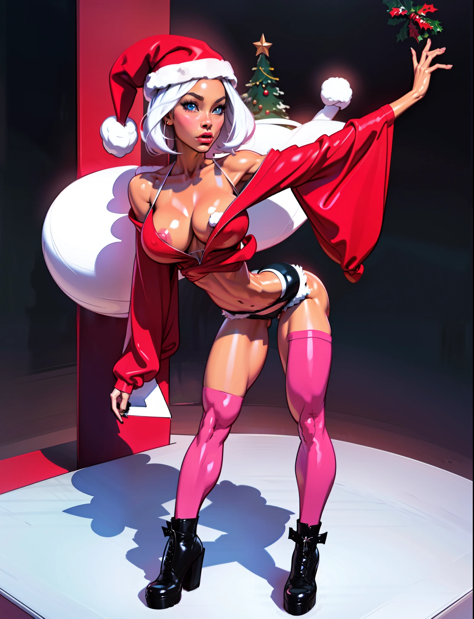 Single Anime female, Short, Long white hair, wolf ears, wolf tail, blue eyes, wearing short denim shorts, thigh high fishnets, black combat boots, wearing fur lined open pink jacket, flat chest, super flat chest, wearing cropped t-shirt, solo thicc thighs, wide hips, blue eyes, perfect eyes, perfect face, (((wearing santa hat)))
