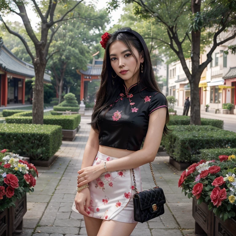 💦💦(Highest Image Quality:1.0), 10, RAW Shooting, (Masterpiece:0.2) (Masterpiece), (Realistic)) (Looking at Viewer),(Very Cute) (  Chinese girl (black eyes)), Eva  Young girl Longoria: 0.2, (long straight shiny black hair) pink flower bow headband  (thin red lips) beauty salon (small nose)),put on earrings, put on beautiful bracelets  Heart-shaped necklace (round face) (small eyebrows) (perfect arms, legs, fingers)(mannequin) Middle shot, happy smile ((top corner)) Random Chinese cheongsam (sexy pose)  A view of a Chinese park with trees and flowers in many colors🌹🌹🌹posing with a random woman's Chanel bag.