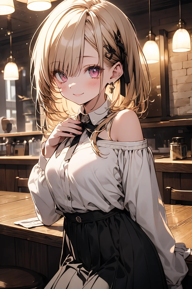 masterpiece, absurdres, best quality, ultra detailed, high Resolution, detailed illustration, extremely beautiful detailed face and eyes, bright colour, 1girl, (), cute face, Delicate beautiful face, magenta eyes, cute eyes, sparkling eyes, big eyes, medium breasts, (perky breasts:1.1), (pointy breasts:1.1), medium hips, glamorous body, white skin, smile, BREAK, long bob cut, (blonde hair:0.8), messy hair, detailed hair, shiny hair, BREAK off shoulder sweater, long skirt, tiny ribbon, restaurant, eating pancake, real world, natural lights, perfect lighting,