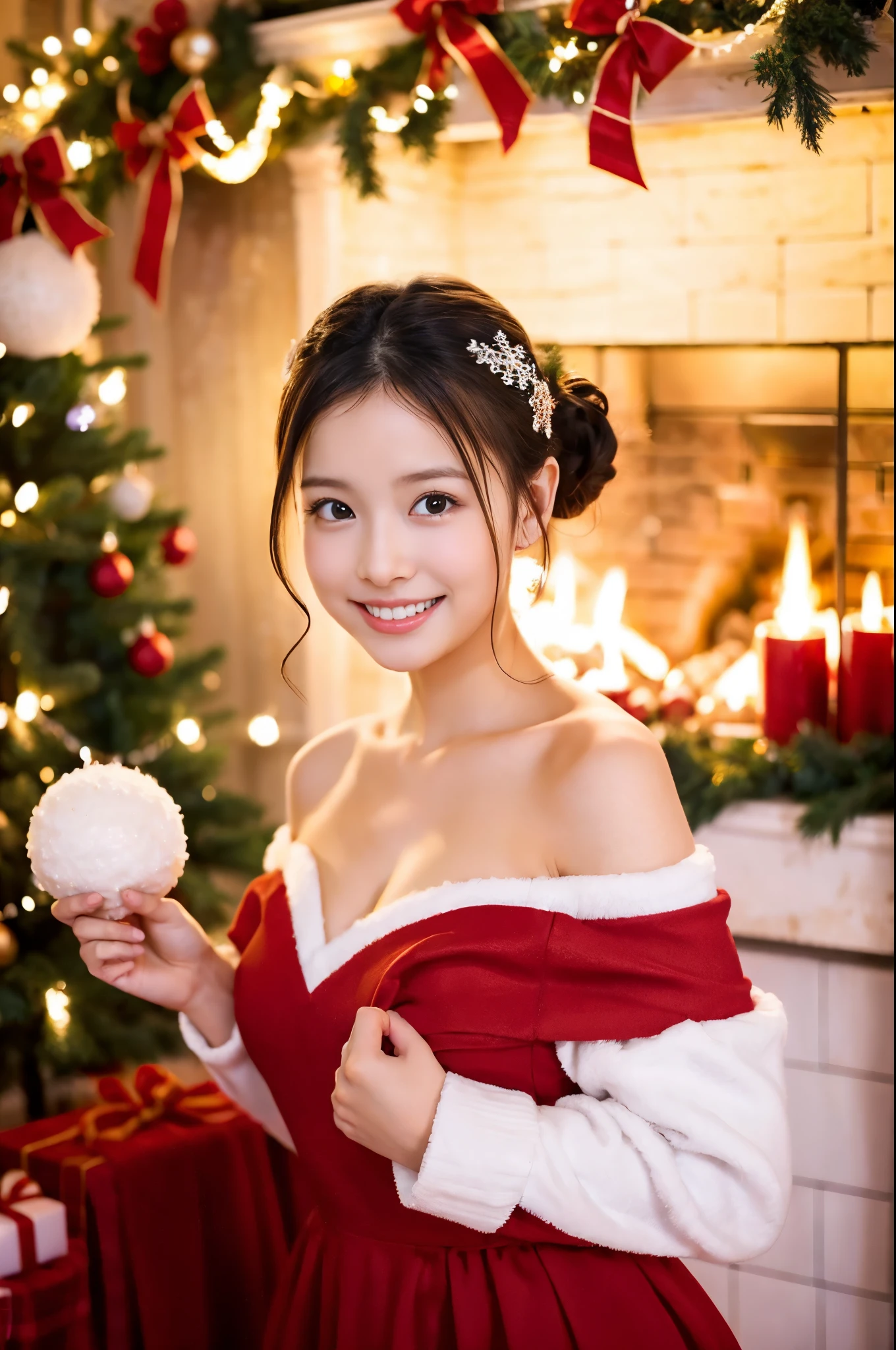 (girl in a beautiful red dress, Standing in front of a beautifully decorated Christmas tree),Illustration,Christmas,Fun atmosphere,Twinkling lights,soft snowflakes fall,Best Quality,4K,Ultra-detailed,Vibrant colors,pine scent,Cozy,romantic,Cheerful,breathtaking scenery,Warmth,Happiness,Magical,Holiday spirit,Winter wonderland,pure love and kindness.、off shoulders、I keep my hair up and short、a baby face、a navel
