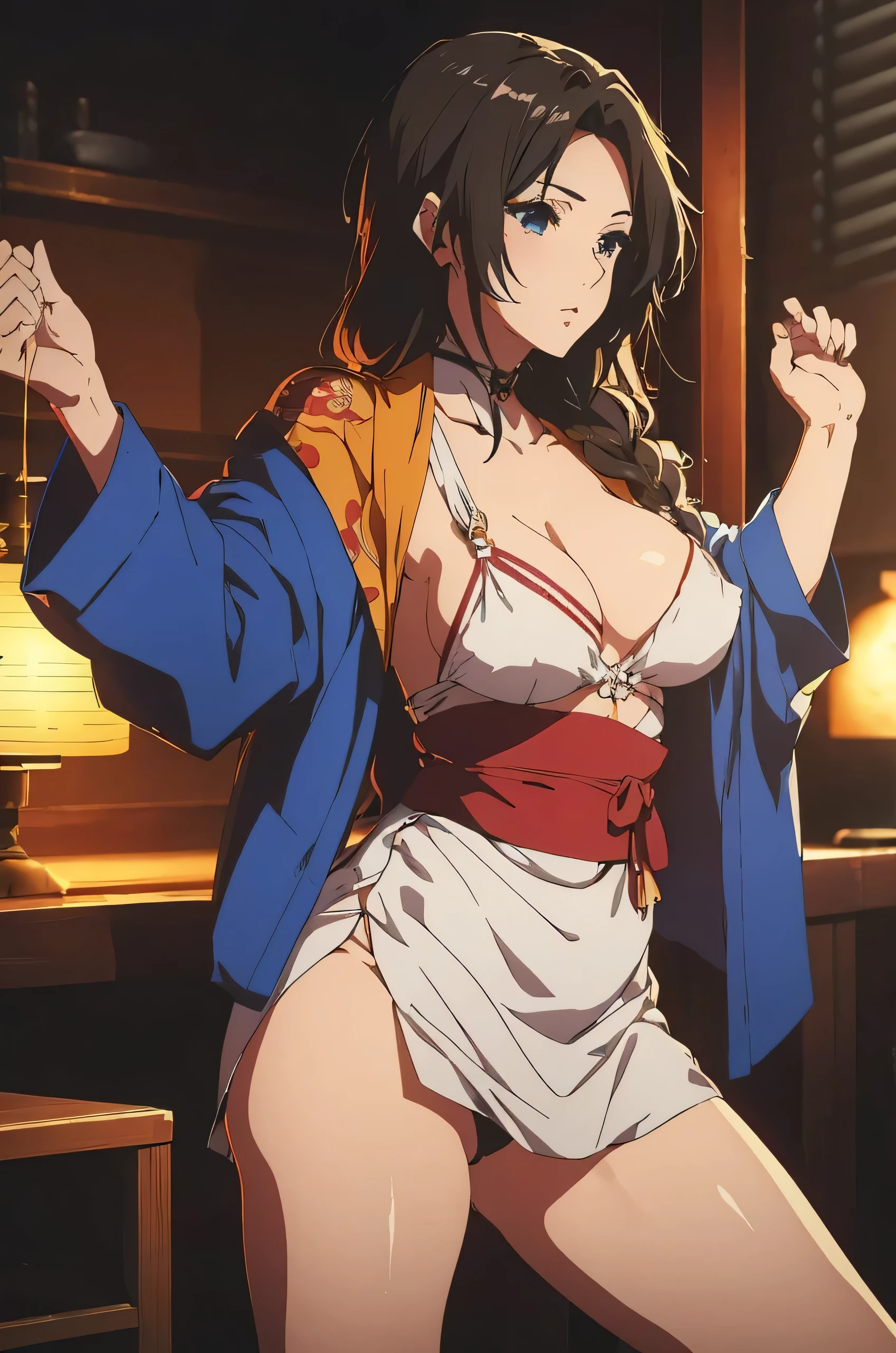 A beautiful woman, ((martial art))), masterpiece, top quality, detailed, (anime), beautiful hands, far away, 4k, best quality, 1girl,, opened kimono, no bra, nipples, beautiful hands, beautiful fingers