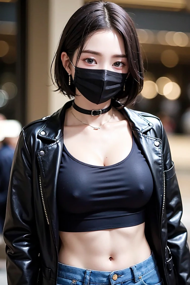 Masterpiece, Best quality, (1girl), view the viewer, (black mask:1.31), curly hair, short hair, large breasts , cleavage, background, Black choker, necklace, earrings, black leather gloves, crop top jacket, jeans, belt