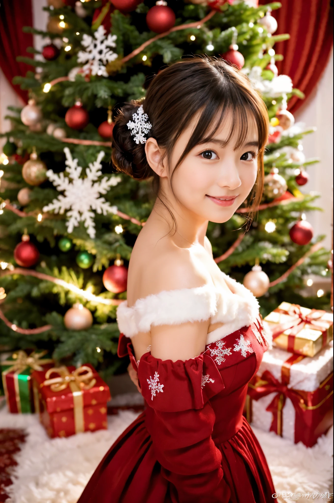 (girl in a beautiful red dress, Standing in front of a beautifully decorated Christmas tree),Illustration,Christmas,Fun atmosphere,Twinkling lights,soft snowflakes fall,Best Quality,4K,Ultra-detailed,Vibrant colors,pine scent,Cozy,romantic,Cheerful,breathtaking scenery,Warmth,Happiness,Magical,Holiday spirit,Winter wonderland,pure love and kindness.、off shoulders、I keep my hair up and short、a baby face、a navel