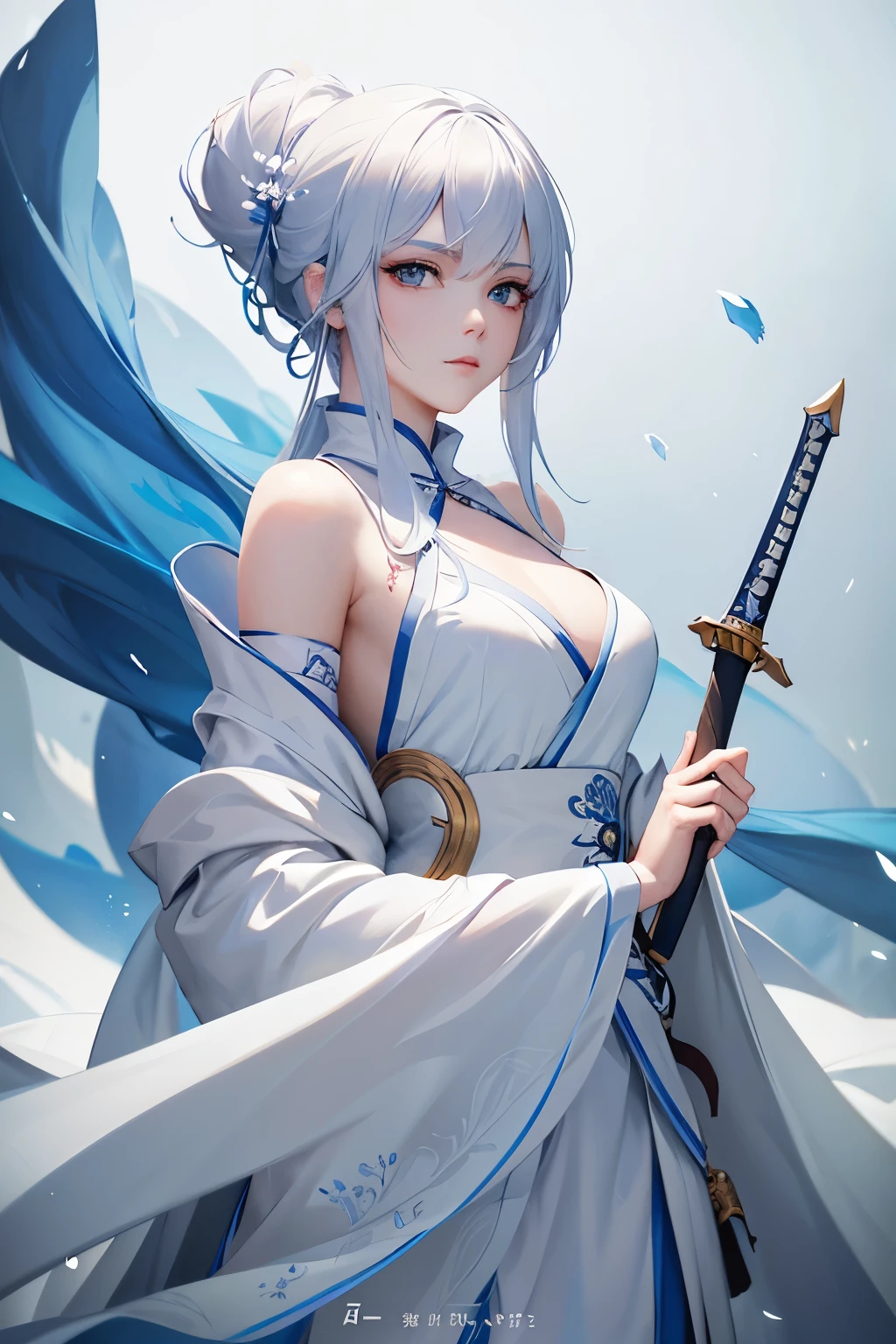 Close-up of a woman with a sword in a white dress, a character portrait by Yang J, trending on CGsociety, Fantasy art, beautiful character painting, artwork in the style of guweiz, guweiz, White Hanfu, flowing white robes, Wuxia Whole Body, epic exquisite character art, stunning character art, Beautiful Killer Woman