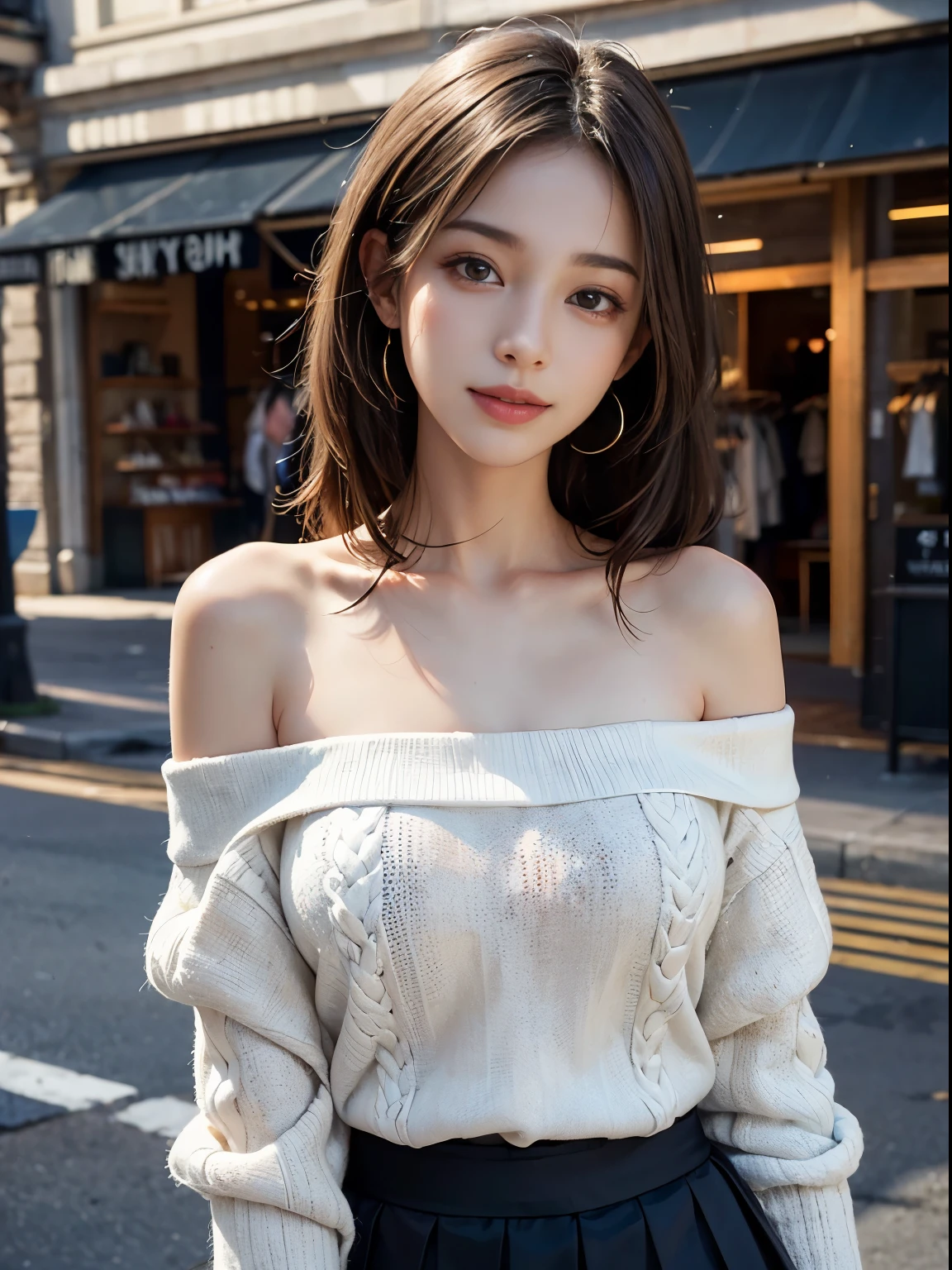 (8K high image quality), (top-quality), (RAW image quality),(masutepiece:1.2), (Realistic), (Photorealistic:1.37), Goose egg face,largeeyes,long eyelasher,Precise action and realistic style）,The Ultimate Face,Photorealistic light and shadow,Clear facial features,milky skin,Fair skin, highdetailskin,Realistic skin details,Visible Pore,（Super Detail）,Hair length is random, （Flowing hair）,Best portraits,Shot from a short distance, 1-girl, Cute,Beautiful detailed eyes, beautiful detailed nose, highlydetailed skin,Full body ,(eyecontact),(Huge Titleist Abundance)、(Beautiful face with double eyelids), (Realism: 1.4),High image quality, excellent details, Ultra-high resolution, (Show your best smile to the audience), , favor details,,delicate and beautiful face,,20yr old,(Beautiful Face 1.4),A slender, (Off-shoulder knit sweater:1.2)、(pleatedskirt:1.2),((In front of a fashionable boutique)),The color of the skirt is random,,Show your smile,,Medium Hair,(I'm wearing a short skirt),holding a world map in both hands