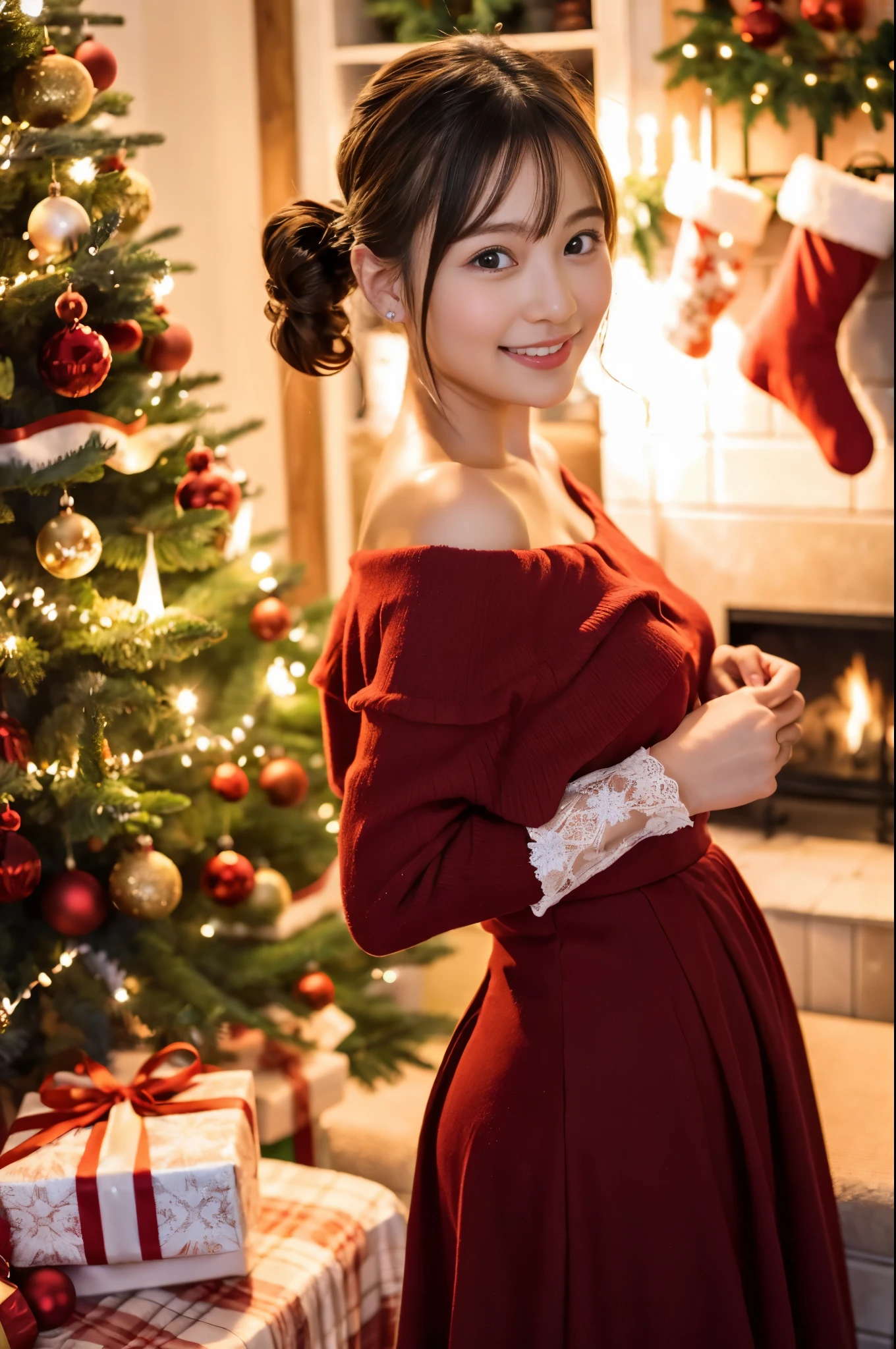 (girl in a beautiful red dress, Standing in front of a beautifully decorated Christmas tree),Illustration,Christmas,Fun atmosphere,Twinkling lights,soft snowflakes fall,Best Quality,4K,Ultra-detailed,Vibrant colors,pine scent,Cozy,romantic,Cheerful,breathtaking scenery,Warmth,Happiness,Magical,Holiday spirit,Winter wonderland,pure love and kindness.、off shoulders、I keep my hair up and short、a baby face、a navel