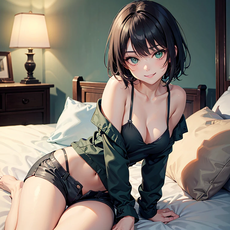 1 girl, short black hair, big sharp eyes, seductive eyes, smile, casual clothes, light skin, skinny body, medium breasts, highly detailed, masterpiece, biting bottom lip, green eyes, on bed
