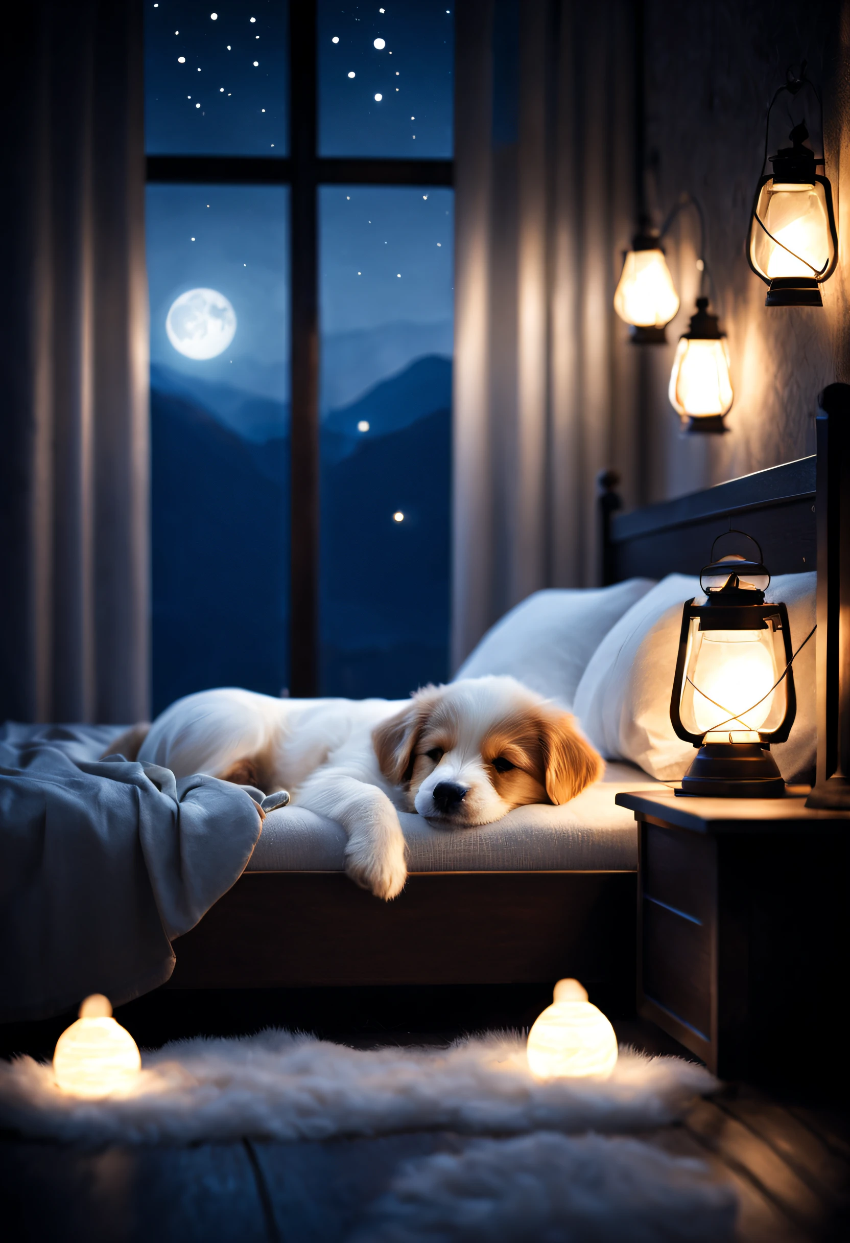 Little Star is ready to sing good night，go to sleep！(Cute puppy sleeping)In a The warm and comfortable bed，Peaceful sleep and The warmth。说晚安并祝愿Get a good night's sleep.The warm.Good night with The warm wishes.Peaceful nights，Enjoy a restful sleep。Have a nice night，The tranquility of the night filled with beautiful dreams，The mind is soothed。Enter sweet dreams，Get a good night's sleep。Sleep peacefully，unwind。Enjoy the peace and tranquility of the night，All worries are gone。sleep peacefully and calmly，Living in harmony with the universe。White texture floor lamp.There is texture. designs.hyper HD, ultra - detailed.（Super quality，Super meticulous，super complex，extremly intricate）Soft and natural light and shadow..NOhumans.ultra-wide-angle, (Detailed texture),Background covered with film grain, Natural soft light,(nighttime scene.The warm lights)