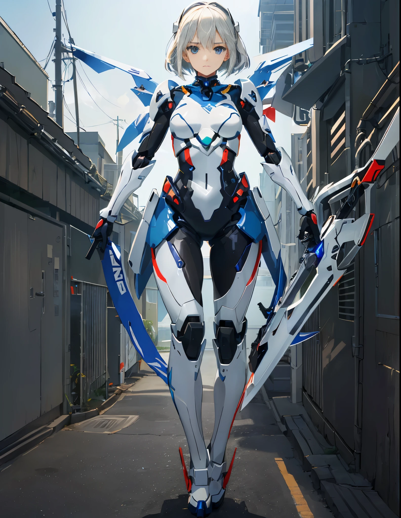 (((cheio_corpo))) figura do anime, (girl with “mecha cybernetic armor”), mulher anime perfeita, Anime shoujo mecha, female mecha, anime robots, Linda garota com quarto e vala profunda, menina anime, Melhor Anime 4K, Beautiful organic woman mix, terno mecha, Beautiful white girl melancholic expression Rei Ayanami, armadura de metal completa,Keep a sword in your hand, Sword in both hands Zero machine background, Ultra-clear steel wings, Metal emblem pattern, Alto detalhe 8k UHD, art cinematic.