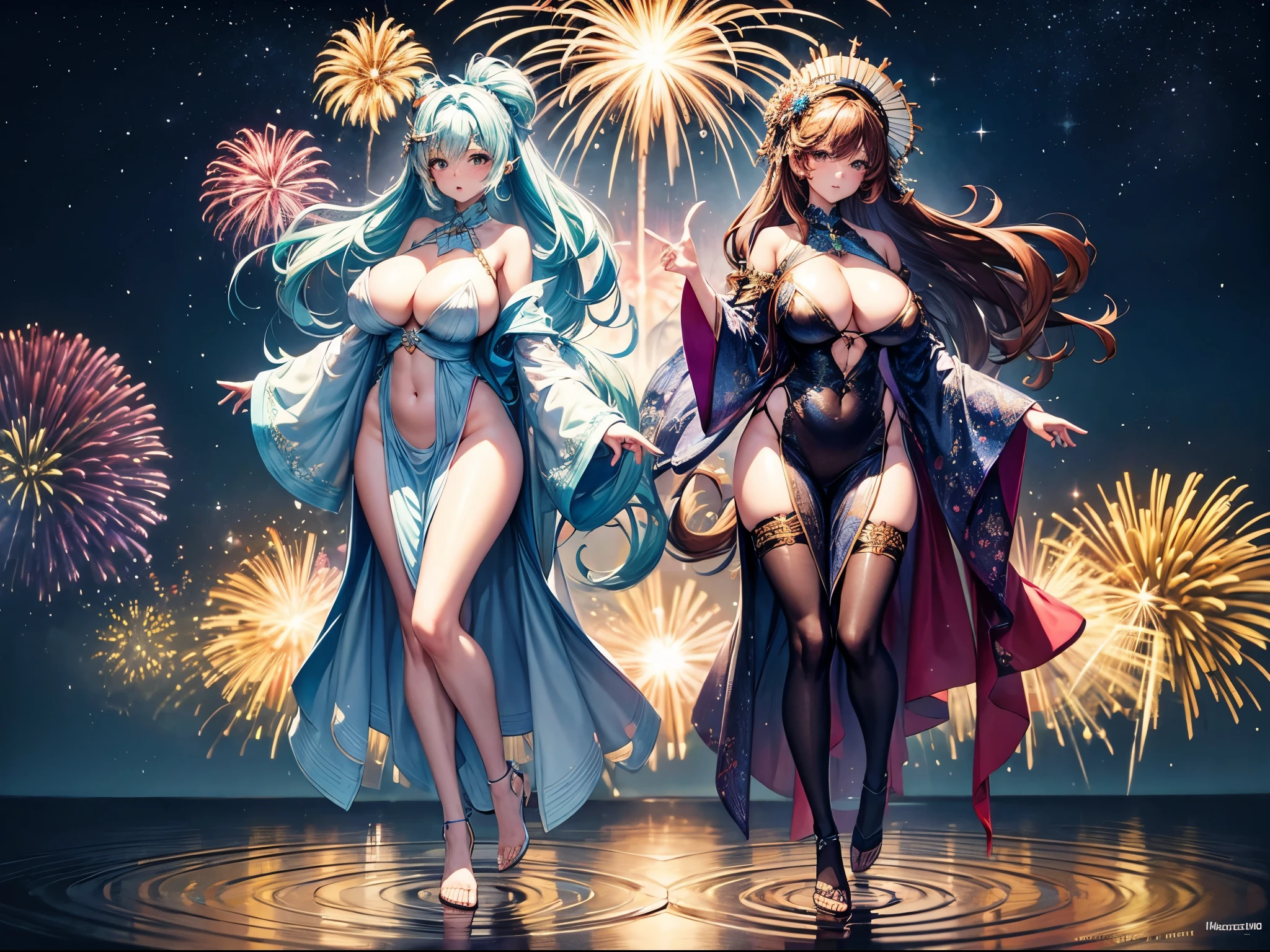 Unveil the new year with a cascade of 3D fireworks, revealing fractal patterns that encapsulate the essence of growth, change, and infinite possibilities, enormous tits, (full Body:1.5)