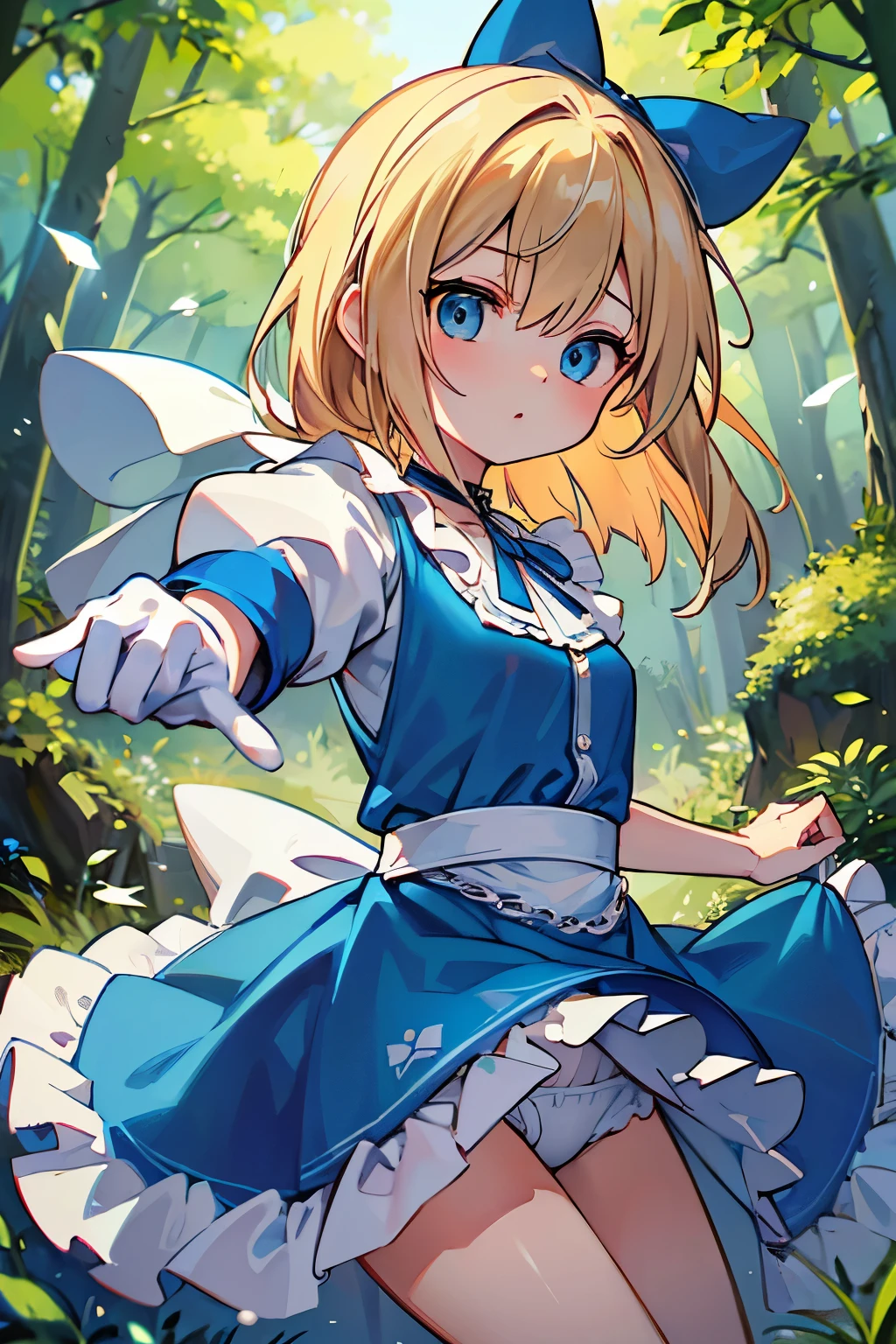 a girl, Clear face, semi long, blonde, blue eyes, radiant eyes, big eyes, big hair ribbon, blue dress with white apron, cute, beautiful, fantasy, light atmosphere, mystical atmosphere, in a bright and colorful world, anime, hard-edged, best quality, insanely detailed, exquisite, beautiful, Full-HD, 16K, highres, aiming at viewer, sunlight, dramatic lighting, best light, dynamic lighting, Dynamic Action Poses for Battle Scenes, Fighting stance, in the classic forest, Fluttering playing cards, Alice in the wonderland, 