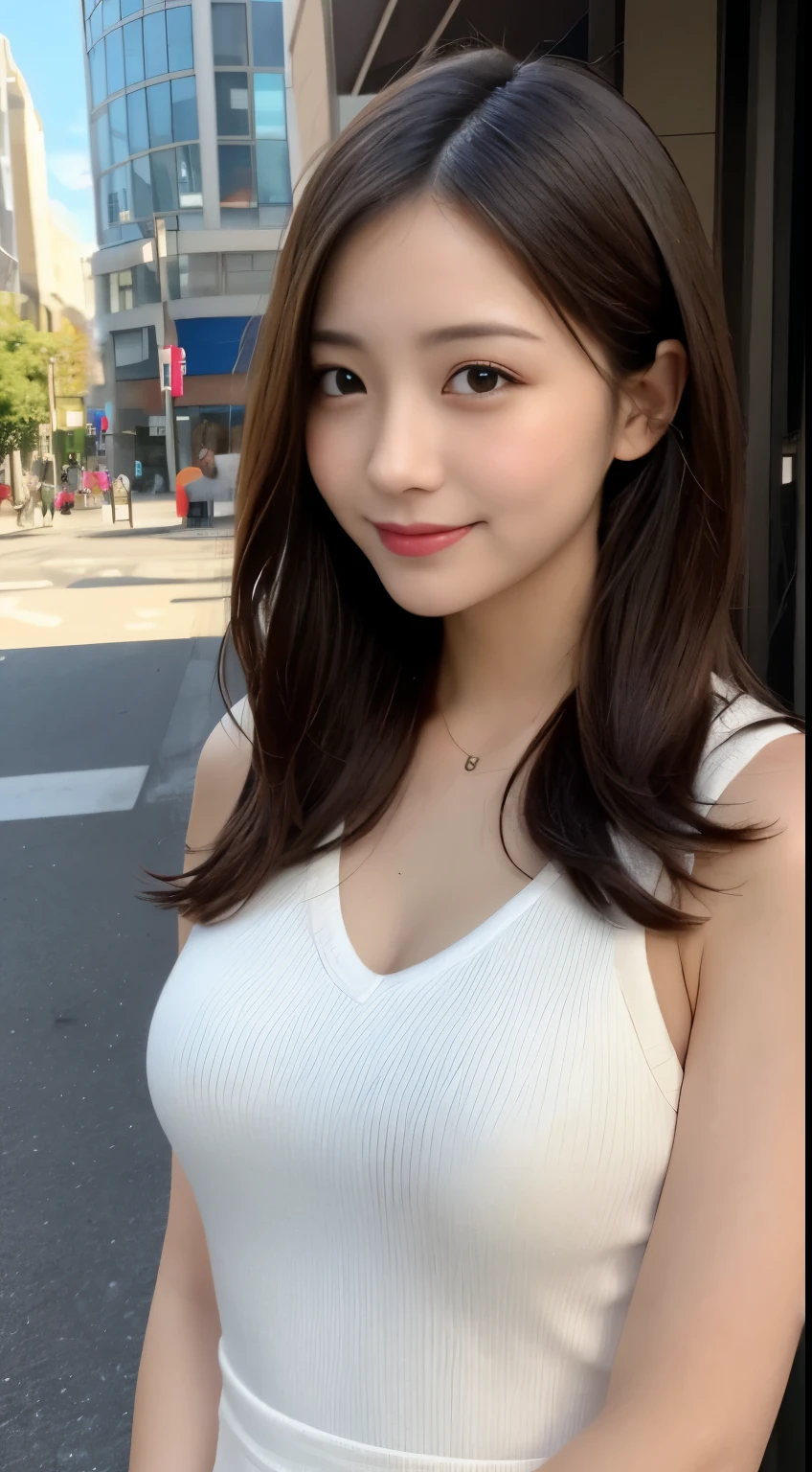 masutepiece, Best Quality, Illustration, Ultra-detailed, finely detail, hight resolution, 8K Wallpaper, Perfect dynamic composition, Beautiful detailed eyes, doress,Medium Hair, mid-chest, Natural Color Lip, Random and sexy poses,Smile,Aoyama Street Walk、20 years girl、