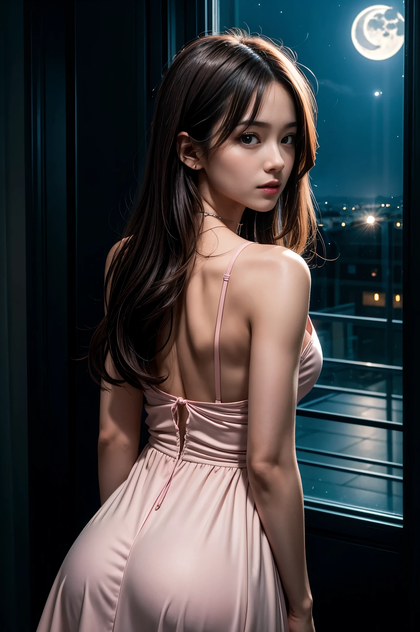 (Photoreal Stick:1.5, masutepiece:1.5, 8K), (top-quality, masterpiece, 超A high resolution), Perfect dynamic composition, Professional camera work:1.4, Highly detailed skin and facial texture:1.3, Mystical portrait:1.3, Grow Light Effect, The ultra-detailliert, 1girl in, ((Night view from inside the building, Pitch black room:0.9, The moonlight at night shines through the glass)), (pink v-neck nightdress), Model body type, Clear face, (Beautiful and seductive eyes:0.8, Enraptured look:0.8, i love you completely:0.8, A mouthfeel that feels beautiful eros:0.7), Dark brown medium hair, the chest is medium, a necklace, (backshots, Beautiful back), ((seductiv))