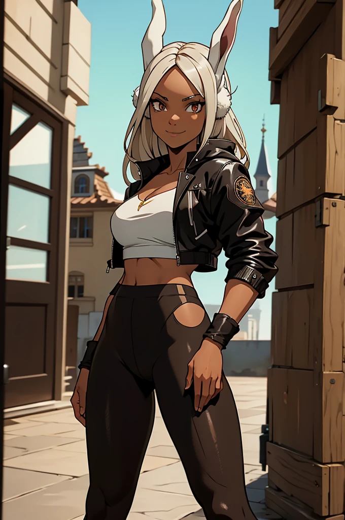 beautiful young female warrior fighter with rabbit ears on her head, com rosto bem detalhado e bonito, belos olhos, belos olhos, rosto lindo, beautiful young woman wearing long brown leggings with black details, usando mini saia curta, usando jaqueta de couro preta, standing in a castle, usando bota preta, cabelo comprido com franja preto, ,orelhas de gato, belo sorriso, tomboy, um pouco musculosa,suter branco com cinta em volta, olhar serio,usando jaqueta de couro preto, com ombreiras de prata nos ombros, leather jacket